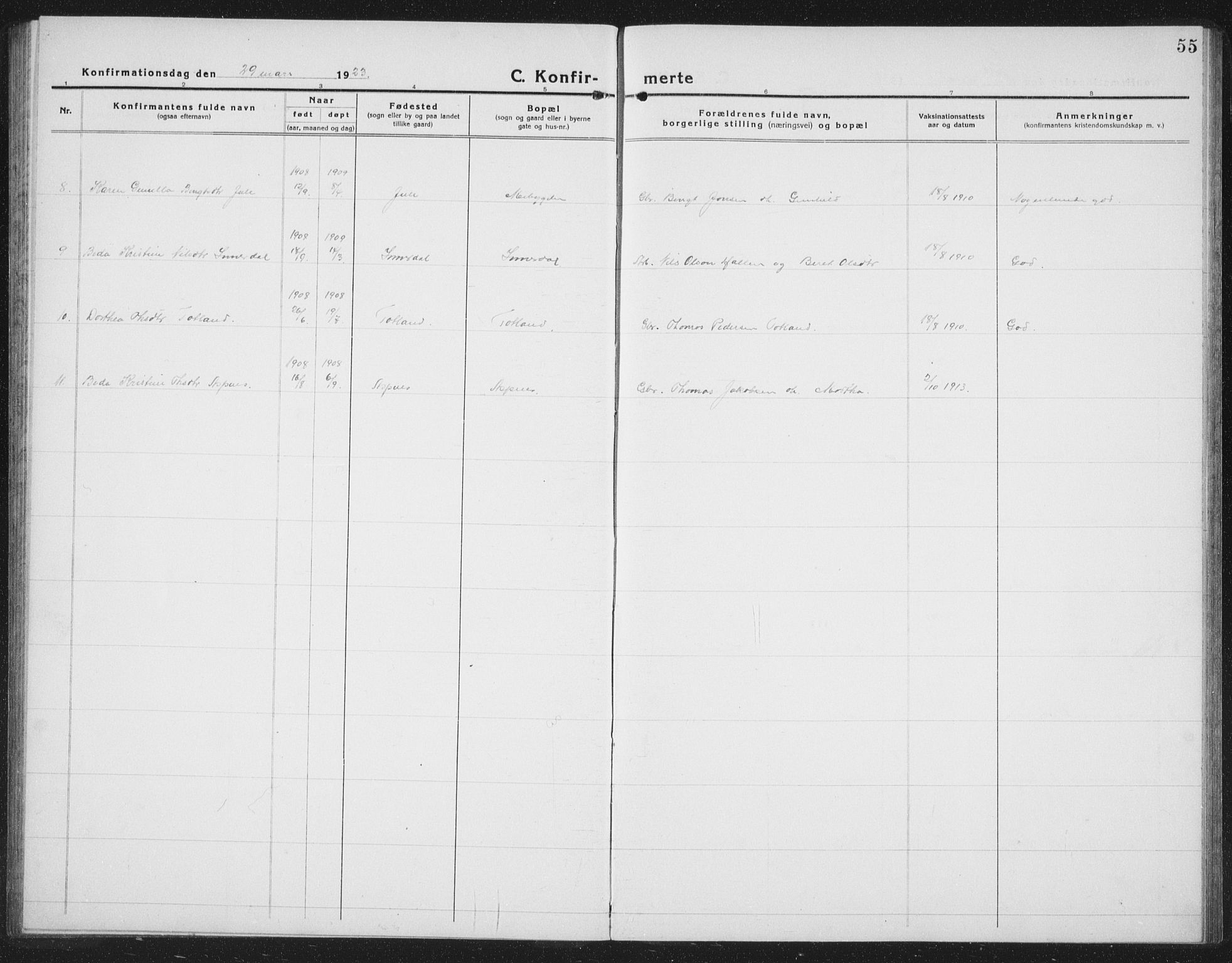 Ministerialprotokoller, klokkerbøker og fødselsregistre - Nord-Trøndelag, SAT/A-1458/757/L0507: Parish register (copy) no. 757C02, 1923-1939, p. 55