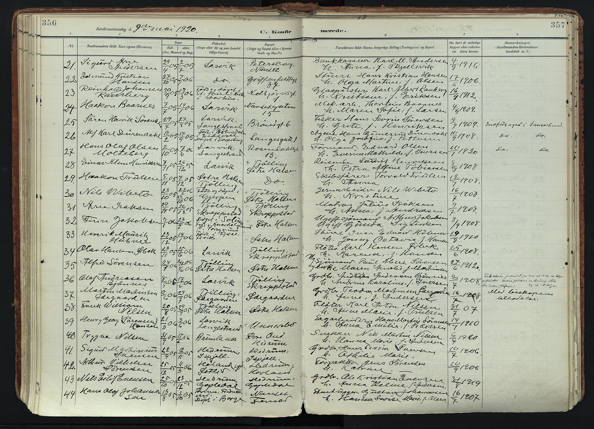 Larvik kirkebøker, AV/SAKO-A-352/F/Fa/L0011: Parish register (official) no. I 11, 1902-1922, p. 356-357