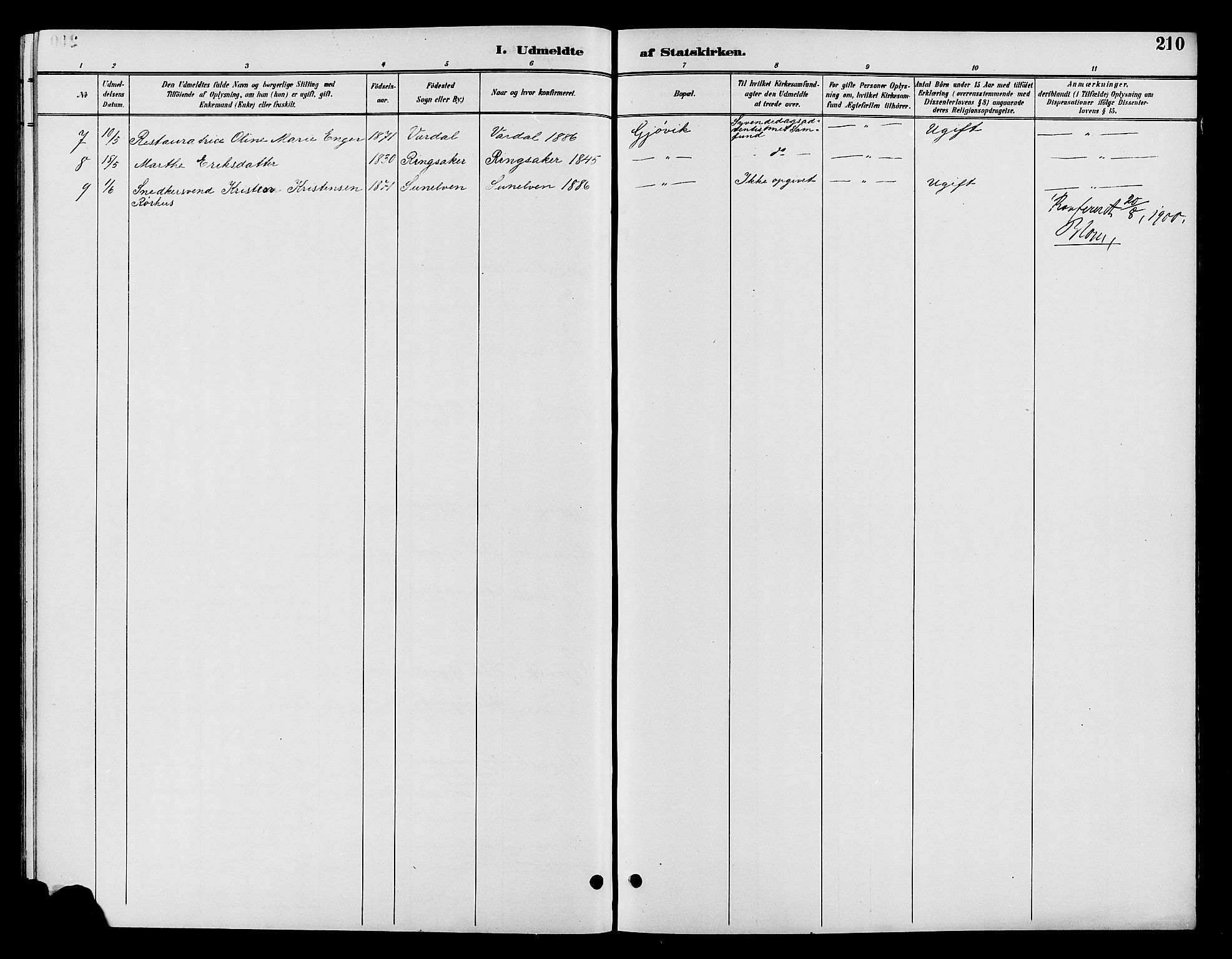 Vardal prestekontor, SAH/PREST-100/H/Ha/Hab/L0009: Parish register (copy) no. 9, 1894-1902, p. 210