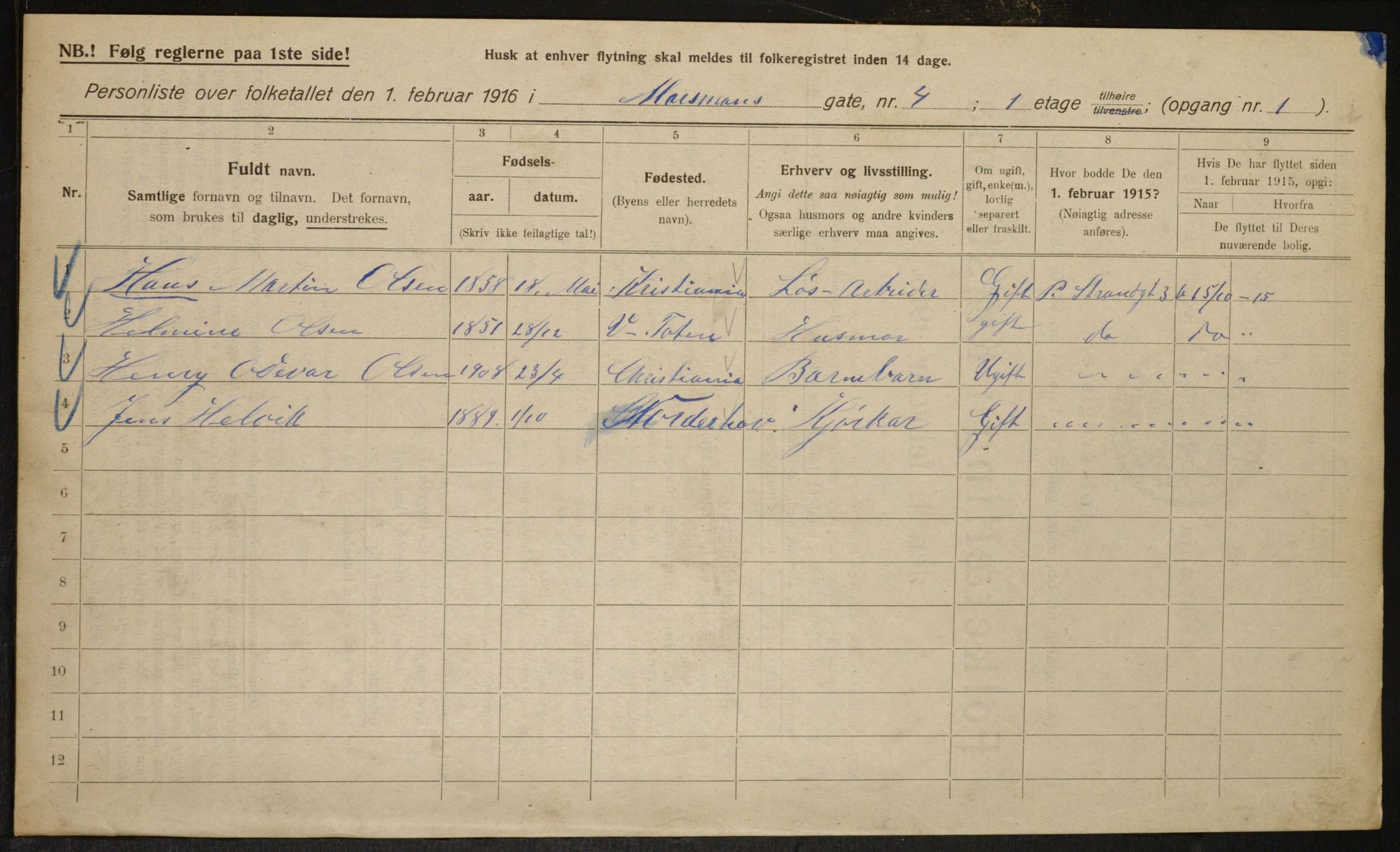 OBA, Municipal Census 1916 for Kristiania, 1916, p. 66494