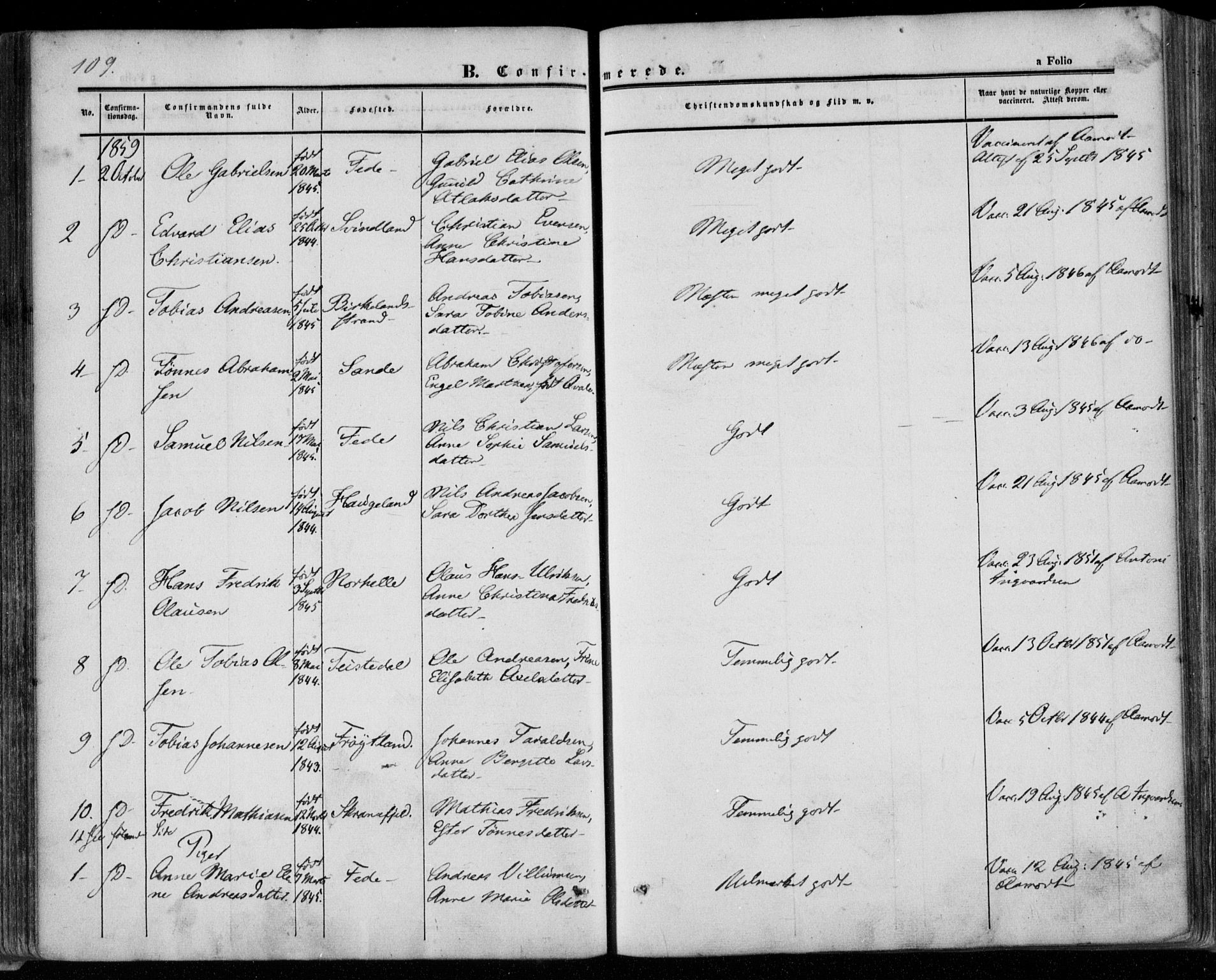 Kvinesdal sokneprestkontor, AV/SAK-1111-0026/F/Fa/Faa/L0002: Parish register (official) no. A 2, 1850-1876, p. 109