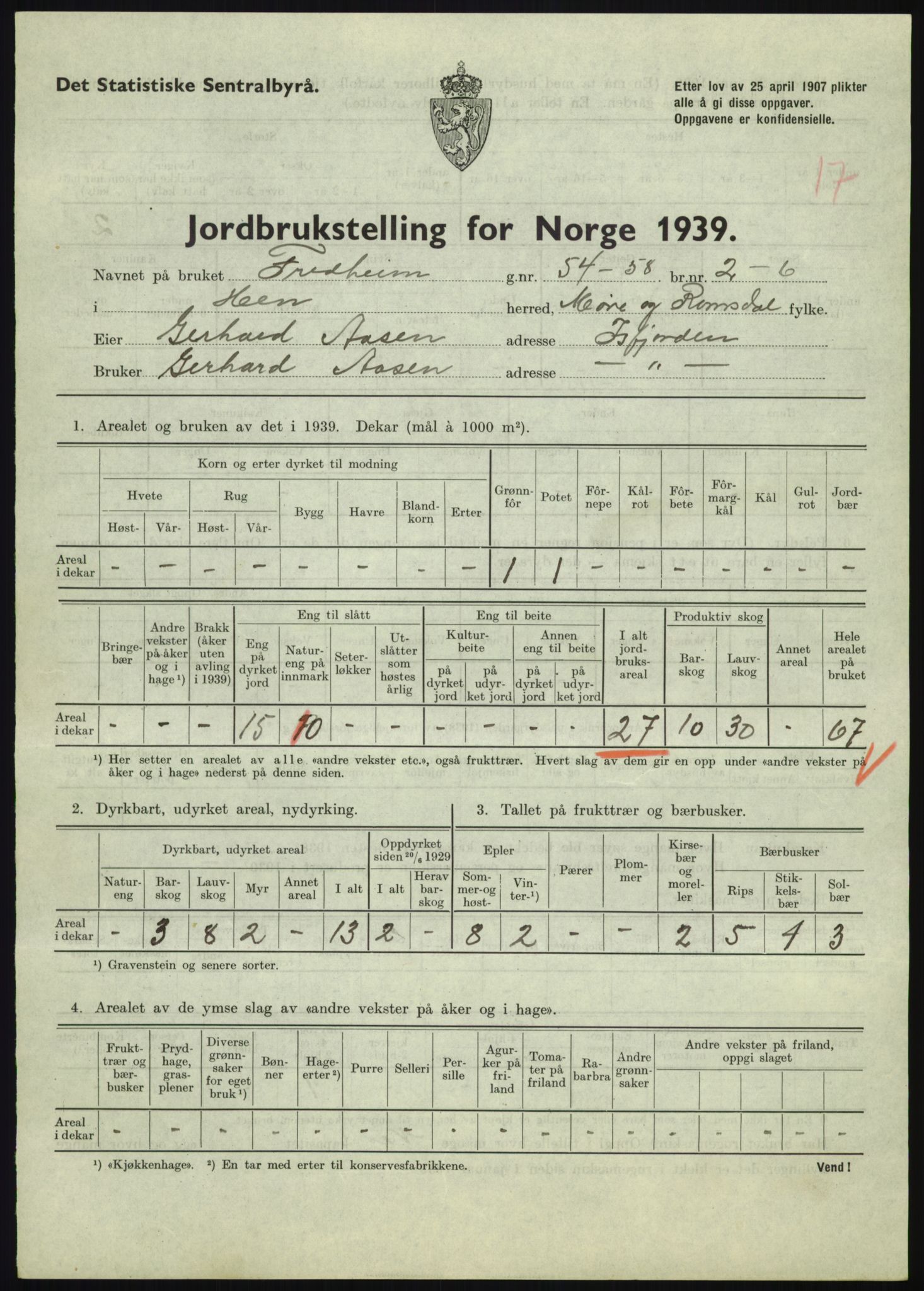 Statistisk sentralbyrå, Næringsøkonomiske emner, Jordbruk, skogbruk, jakt, fiske og fangst, AV/RA-S-2234/G/Gb/L0251: Møre og Romsdal: Voll, Eid, Grytten og Hen, 1939, p. 1189