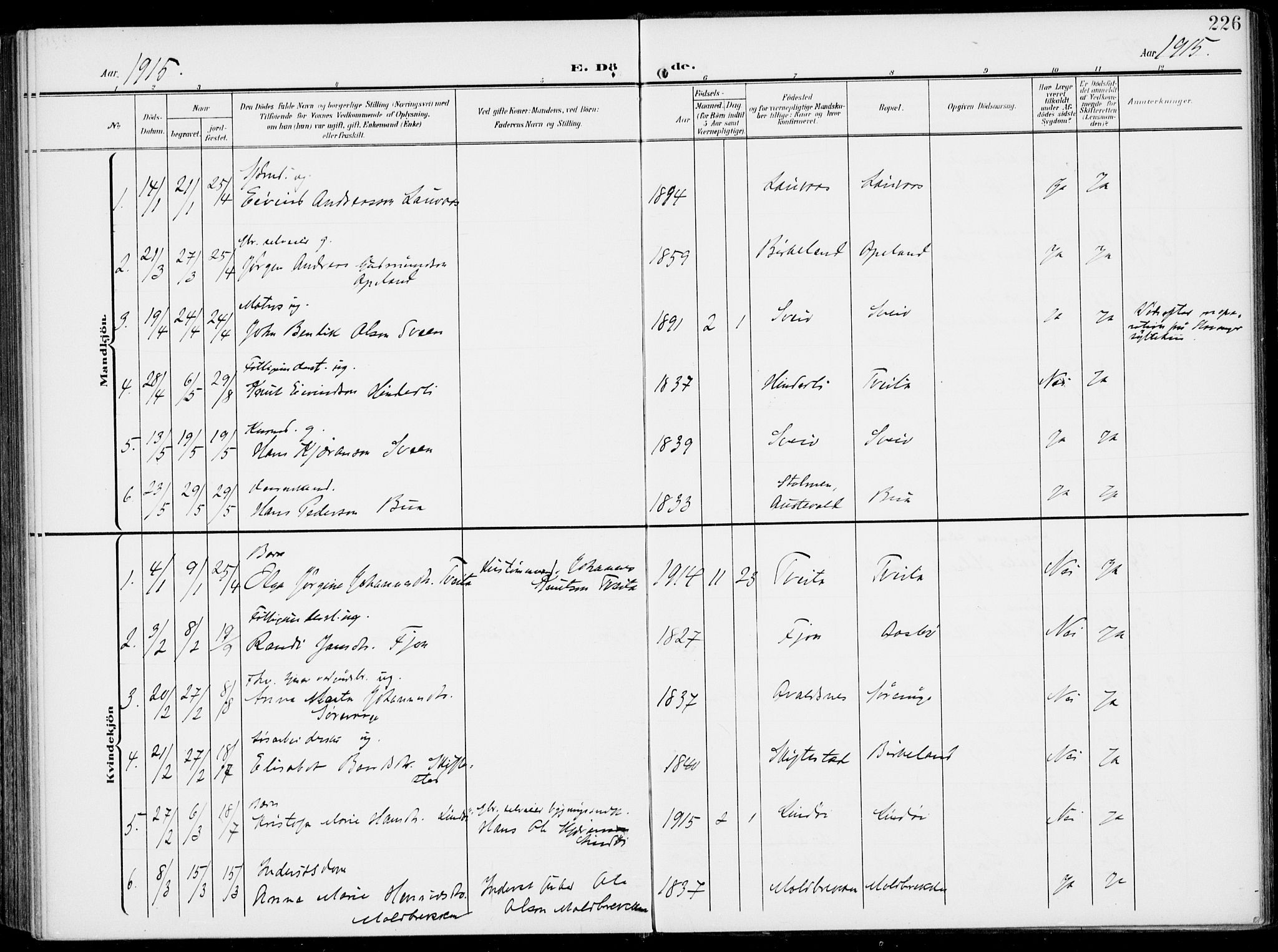 Sveio Sokneprestembete, SAB/A-78501/H/Haa: Parish register (official) no. B  4, 1906-1919, p. 226