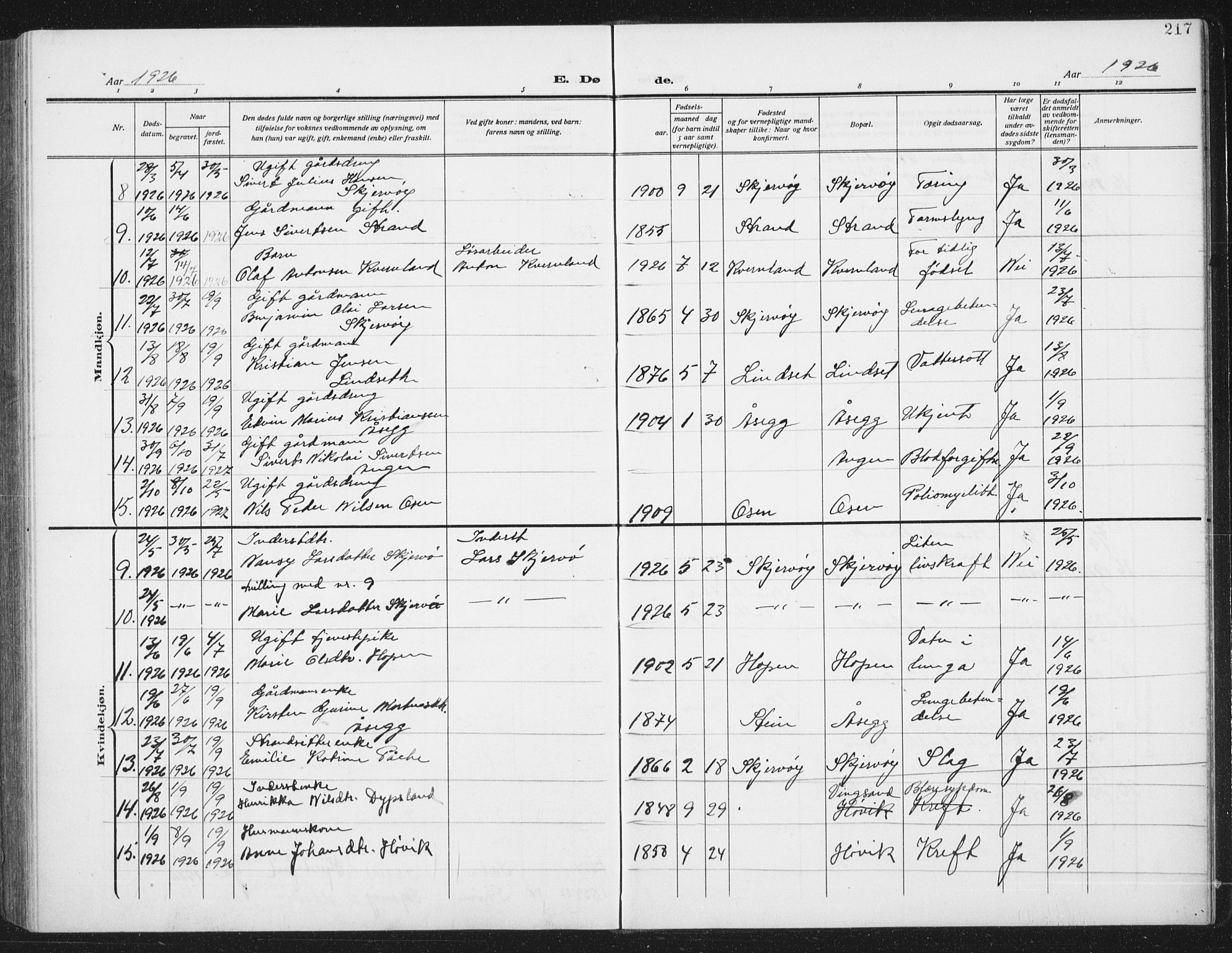 Ministerialprotokoller, klokkerbøker og fødselsregistre - Sør-Trøndelag, SAT/A-1456/658/L0727: Parish register (copy) no. 658C03, 1909-1935, p. 217