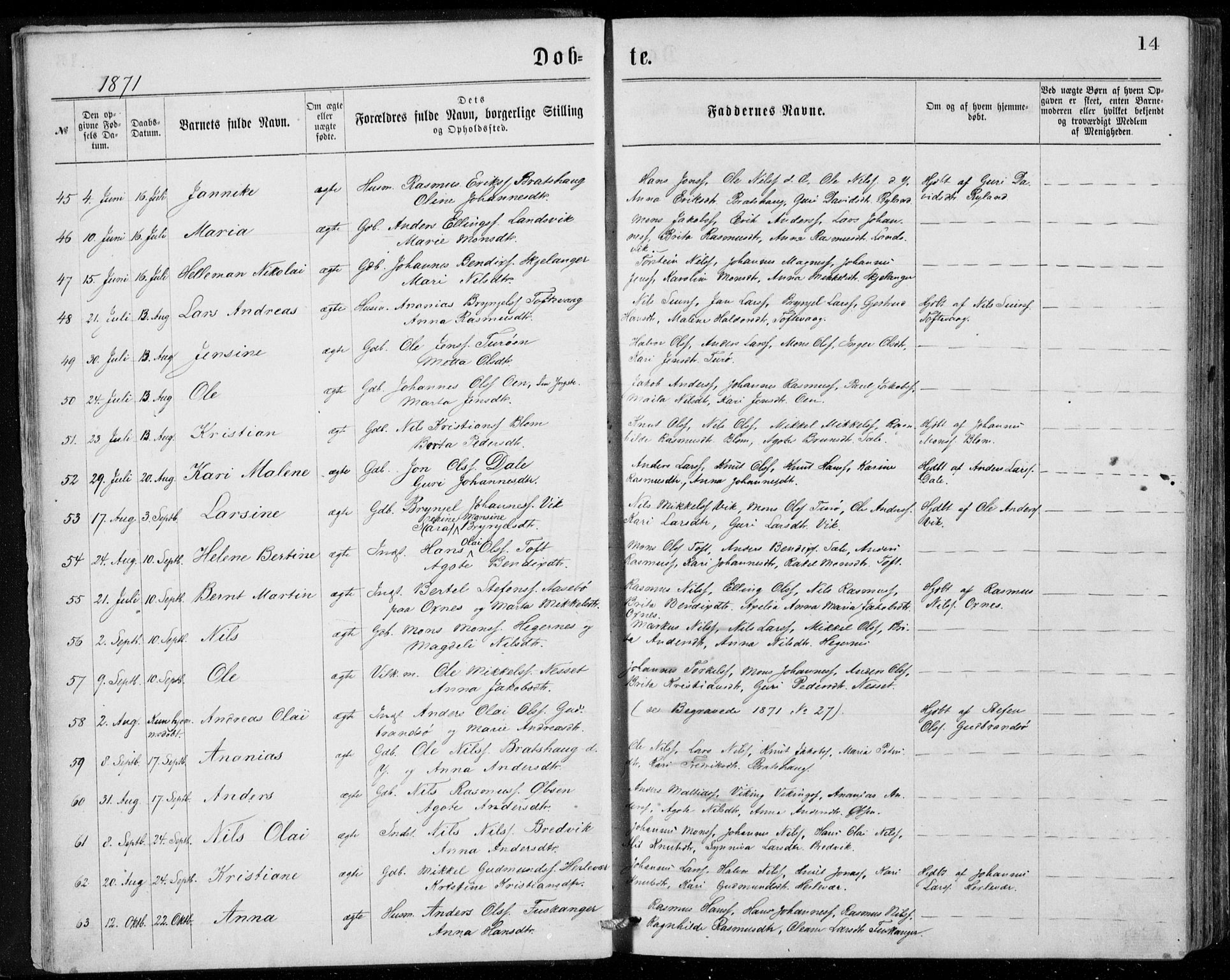Herdla Sokneprestembete, SAB/A-75701/H/Haa: Parish register (official) no. A 2, 1869-1877, p. 14