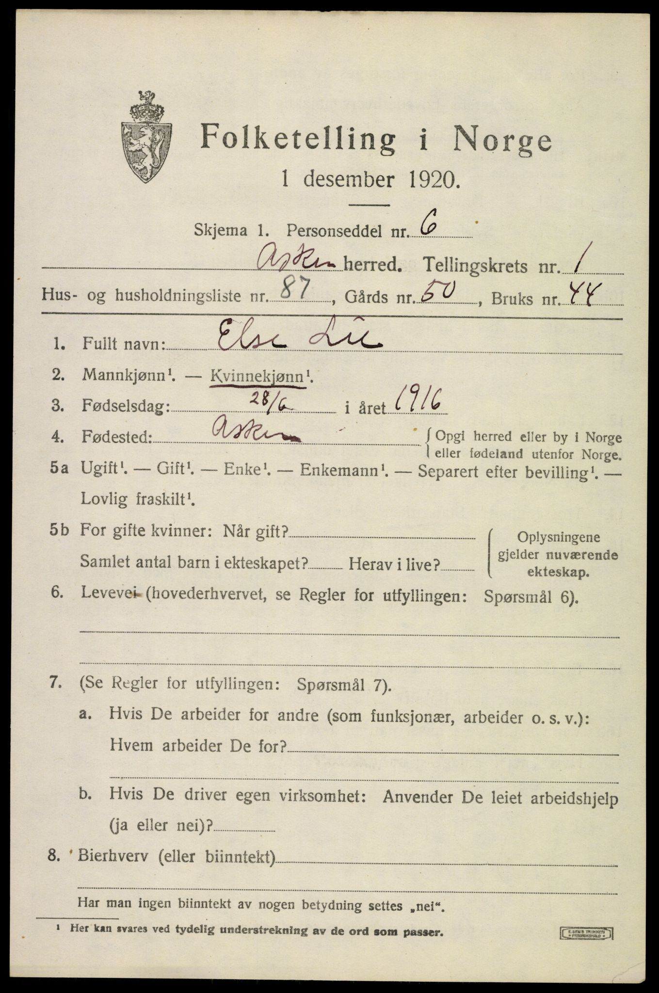 SAO, 1920 census for Asker, 1920, p. 3628