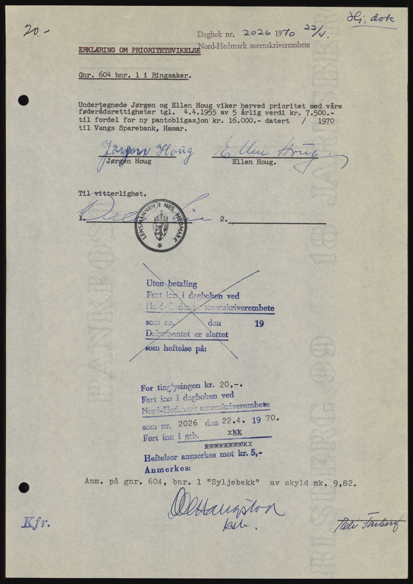 Nord-Hedmark sorenskriveri, SAH/TING-012/H/Hc/L0033: Mortgage book no. 33, 1970-1970, Diary no: : 2026/1970