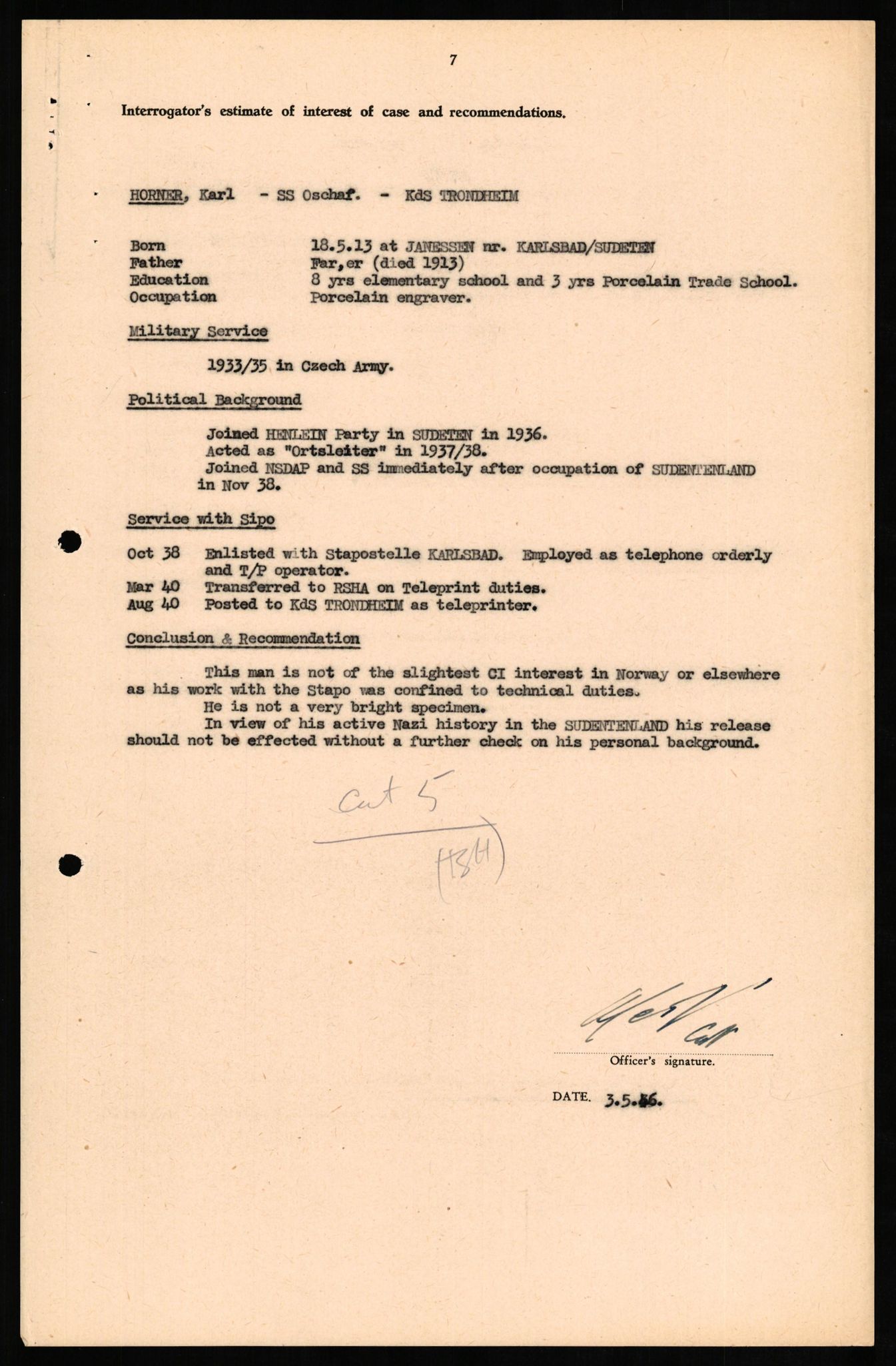Forsvaret, Forsvarets overkommando II, RA/RAFA-3915/D/Db/L0014: CI Questionaires. Tyske okkupasjonsstyrker i Norge. Tyskere., 1945-1946, p. 45