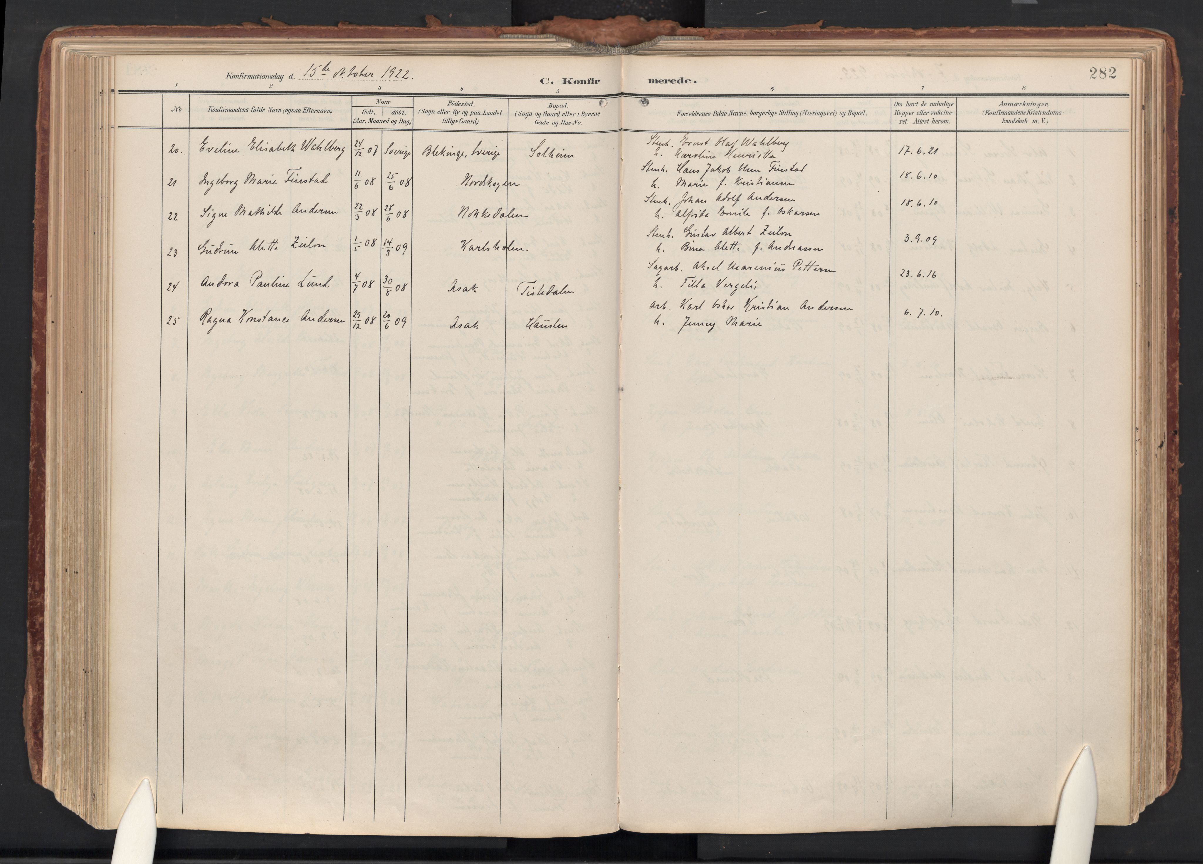 Idd prestekontor Kirkebøker, AV/SAO-A-10911/F/Fc/L0007: Parish register (official) no. III 7, 1904-1925, p. 282