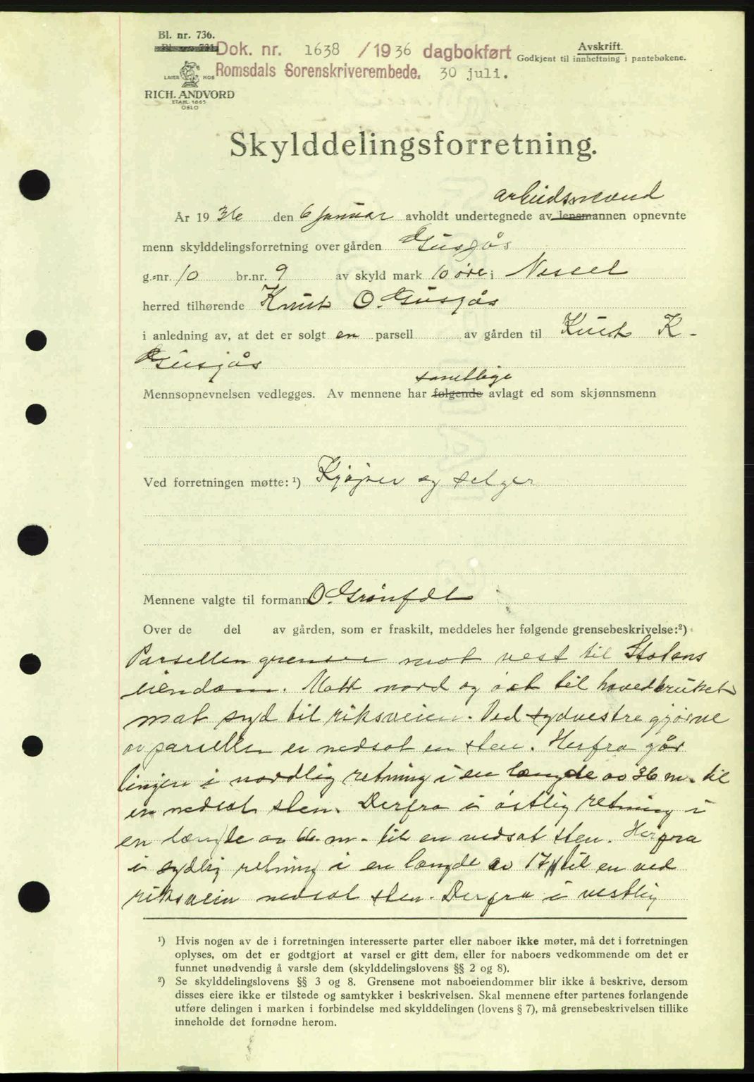 Romsdal sorenskriveri, AV/SAT-A-4149/1/2/2C: Mortgage book no. A1, 1936-1936, Diary no: : 1638/1936