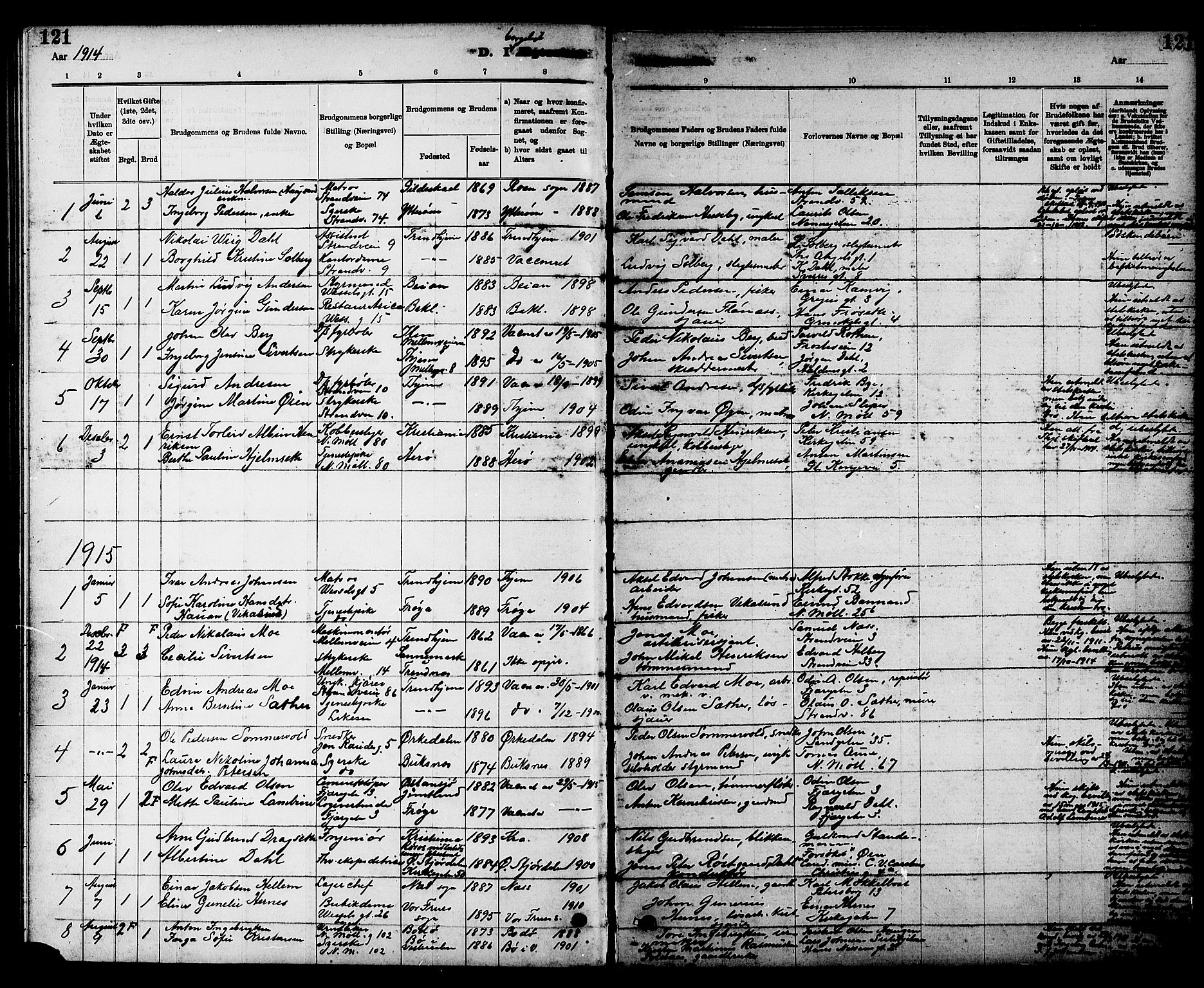 Ministerialprotokoller, klokkerbøker og fødselsregistre - Sør-Trøndelag, SAT/A-1456/605/L0255: Parish register (copy) no. 605C02, 1908-1918, p. 121