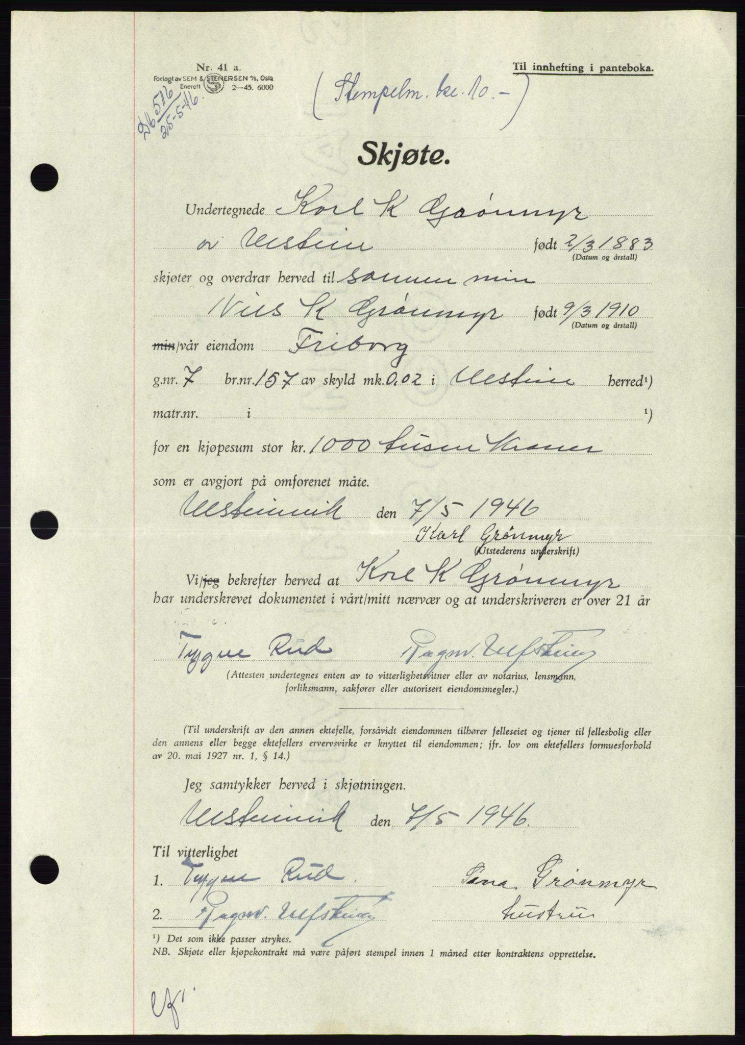 Søre Sunnmøre sorenskriveri, AV/SAT-A-4122/1/2/2C/L0078: Mortgage book no. 4A, 1946-1946, Diary no: : 516/1946