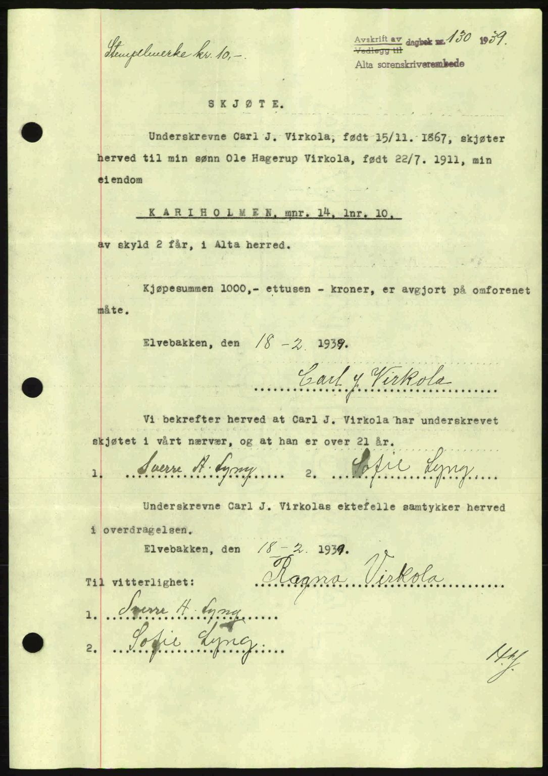 Alta fogderi/sorenskriveri, SATØ/SATØ-5/1/K/Kd/L0031pantebok: Mortgage book no. 31, 1938-1939, Diary no: : 130/1939