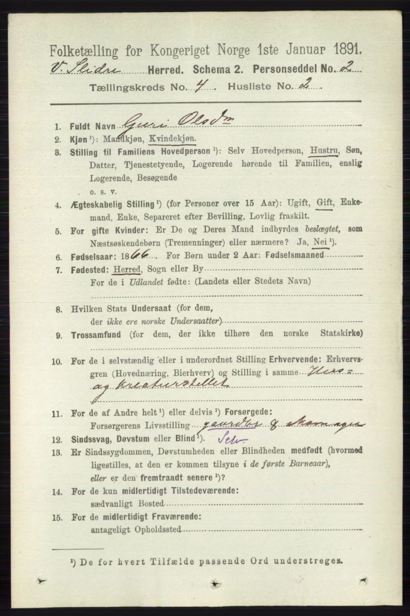 RA, 1891 census for 0543 Vestre Slidre, 1891, p. 1261