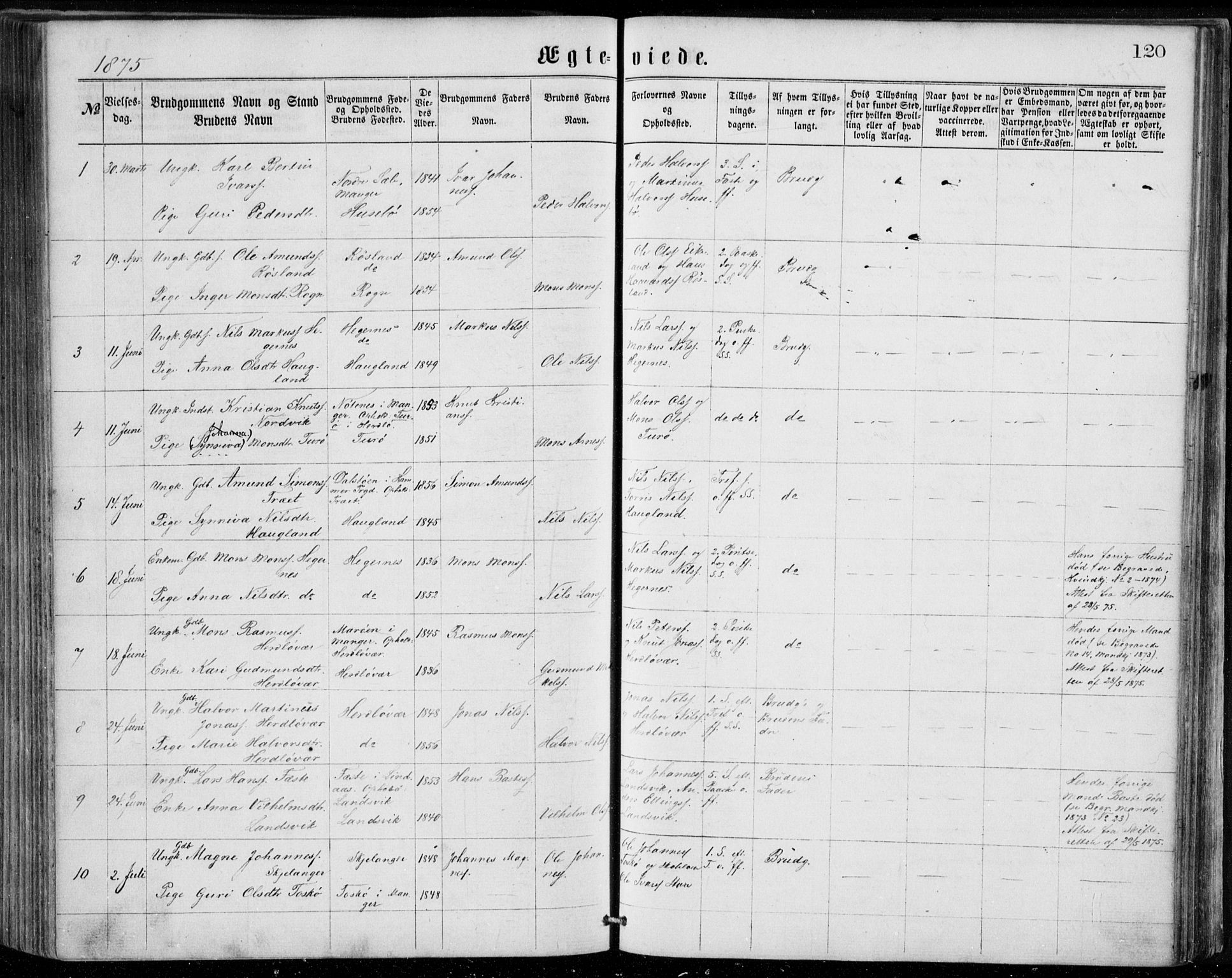 Herdla Sokneprestembete, AV/SAB-A-75701/H/Haa: Parish register (official) no. A 2, 1869-1877, p. 120