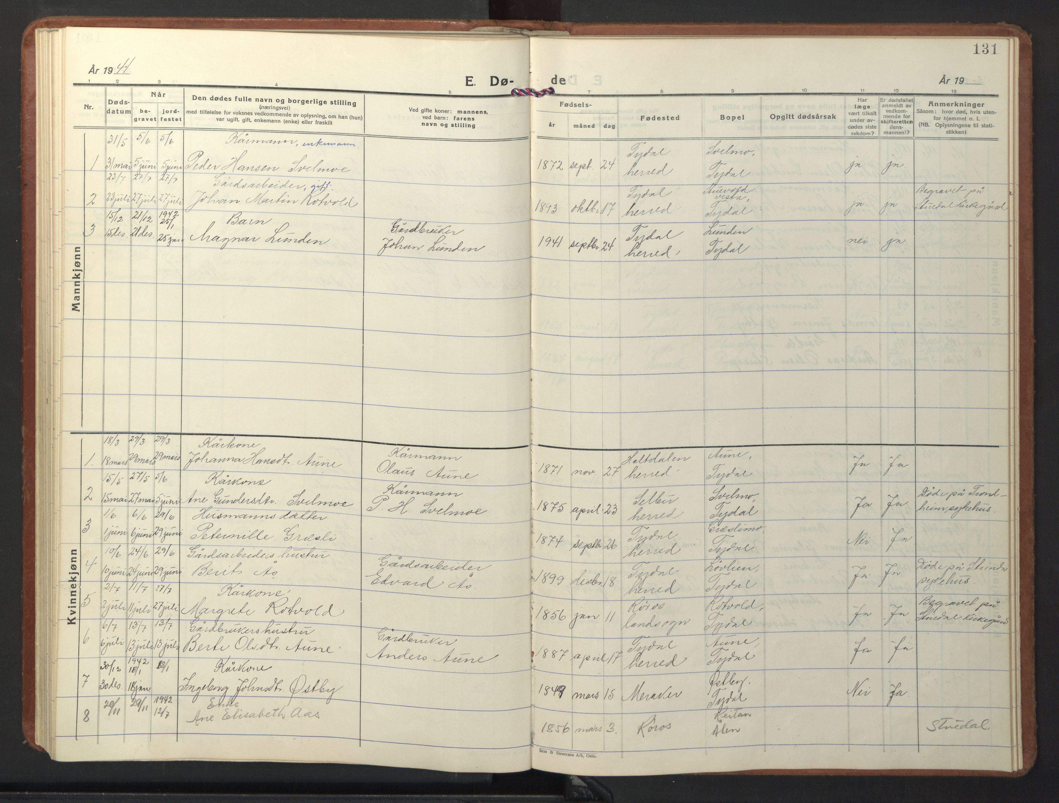 Ministerialprotokoller, klokkerbøker og fødselsregistre - Sør-Trøndelag, SAT/A-1456/698/L1169: Parish register (copy) no. 698C06, 1930-1949, p. 131