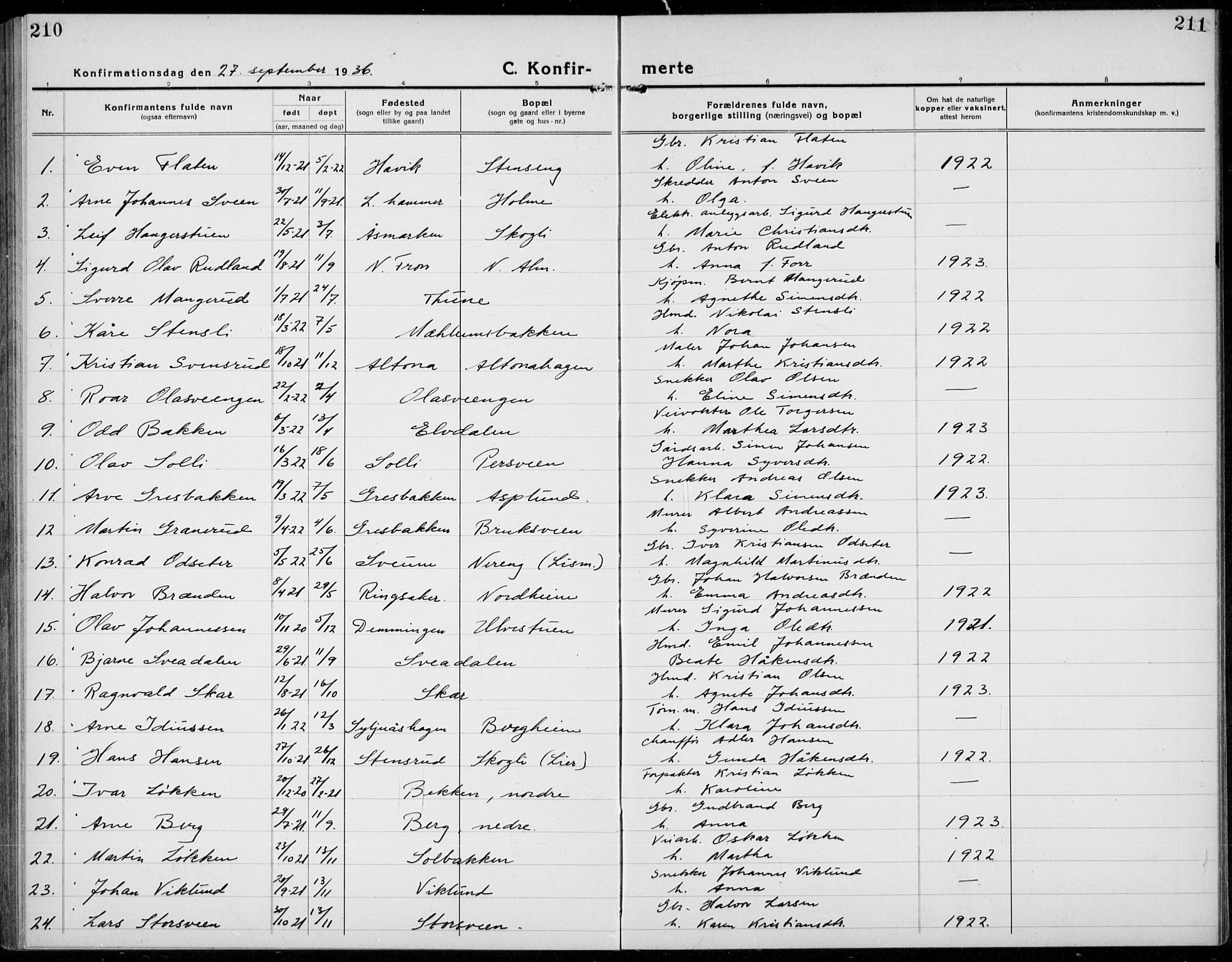 Brøttum prestekontor, SAH/PREST-016/L/La/L0001: Parish register (copy) no. 1, 1921-1941, p. 210-211