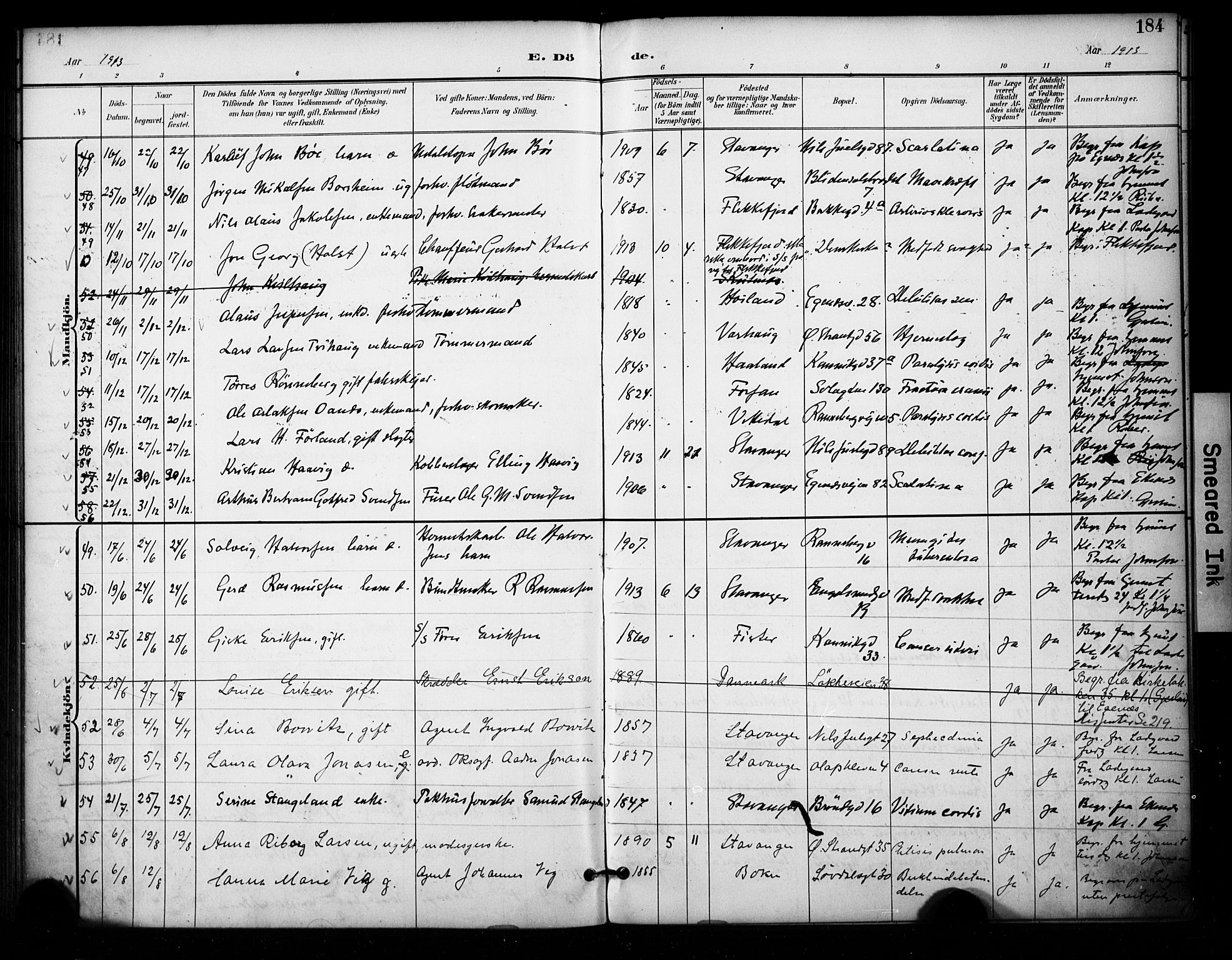 Domkirken sokneprestkontor, AV/SAST-A-101812/001/30/30BA/L0032: Parish register (official) no. A 31, 1896-1917, p. 184