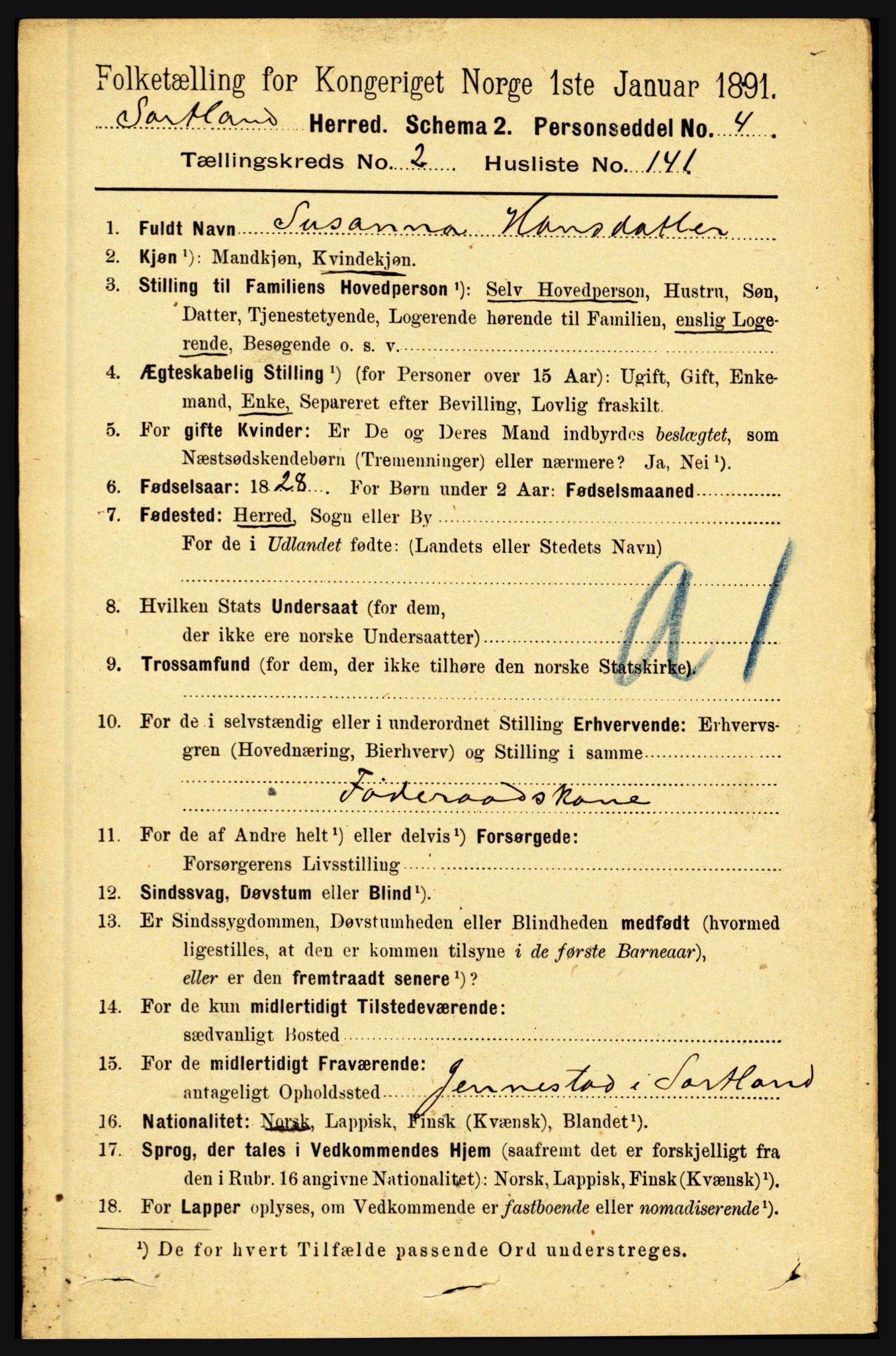 RA, 1891 census for 1870 Sortland, 1891, p. 2071