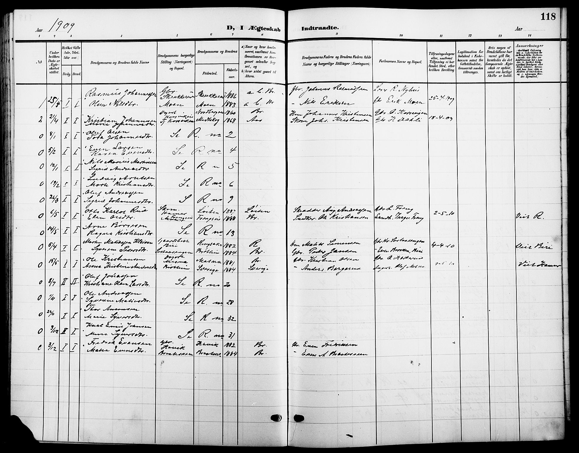Ringsaker prestekontor, SAH/PREST-014/L/La/L0016: Parish register (copy) no. 16, 1905-1920, p. 118