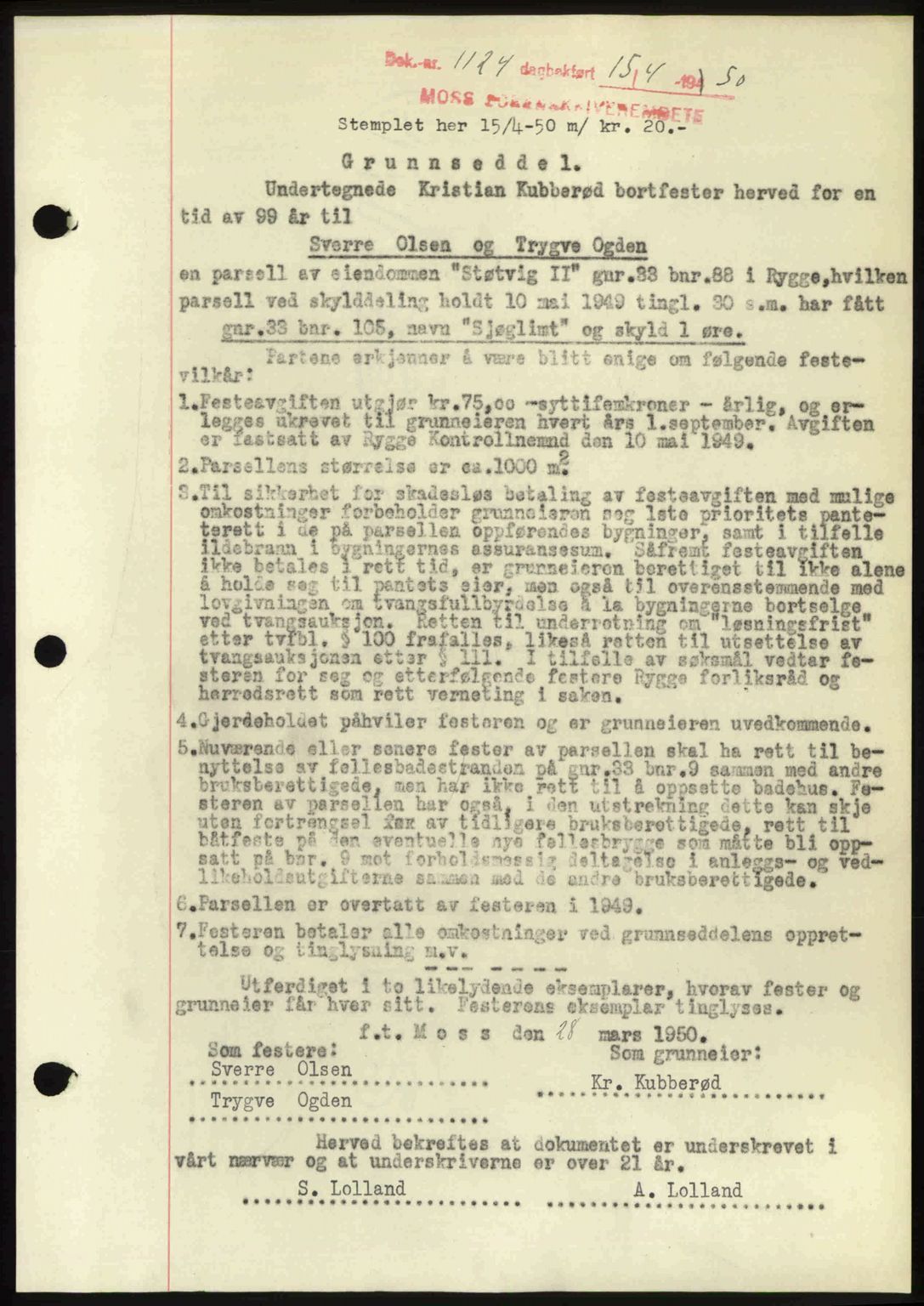 Moss sorenskriveri, SAO/A-10168: Mortgage book no. A25, 1950-1950, Diary no: : 1124/1950