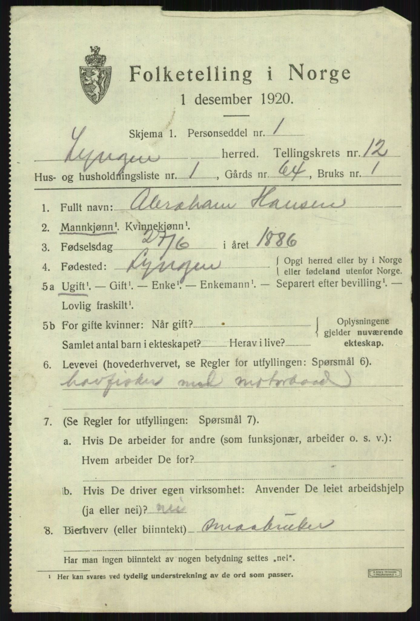 SATØ, 1920 census for Lyngen, 1920, p. 9055