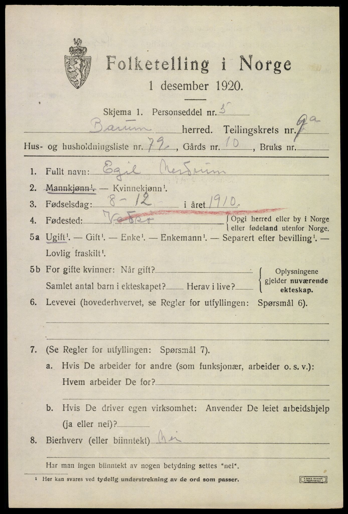 SAO, 1920 census for Bærum, 1920, p. 20028