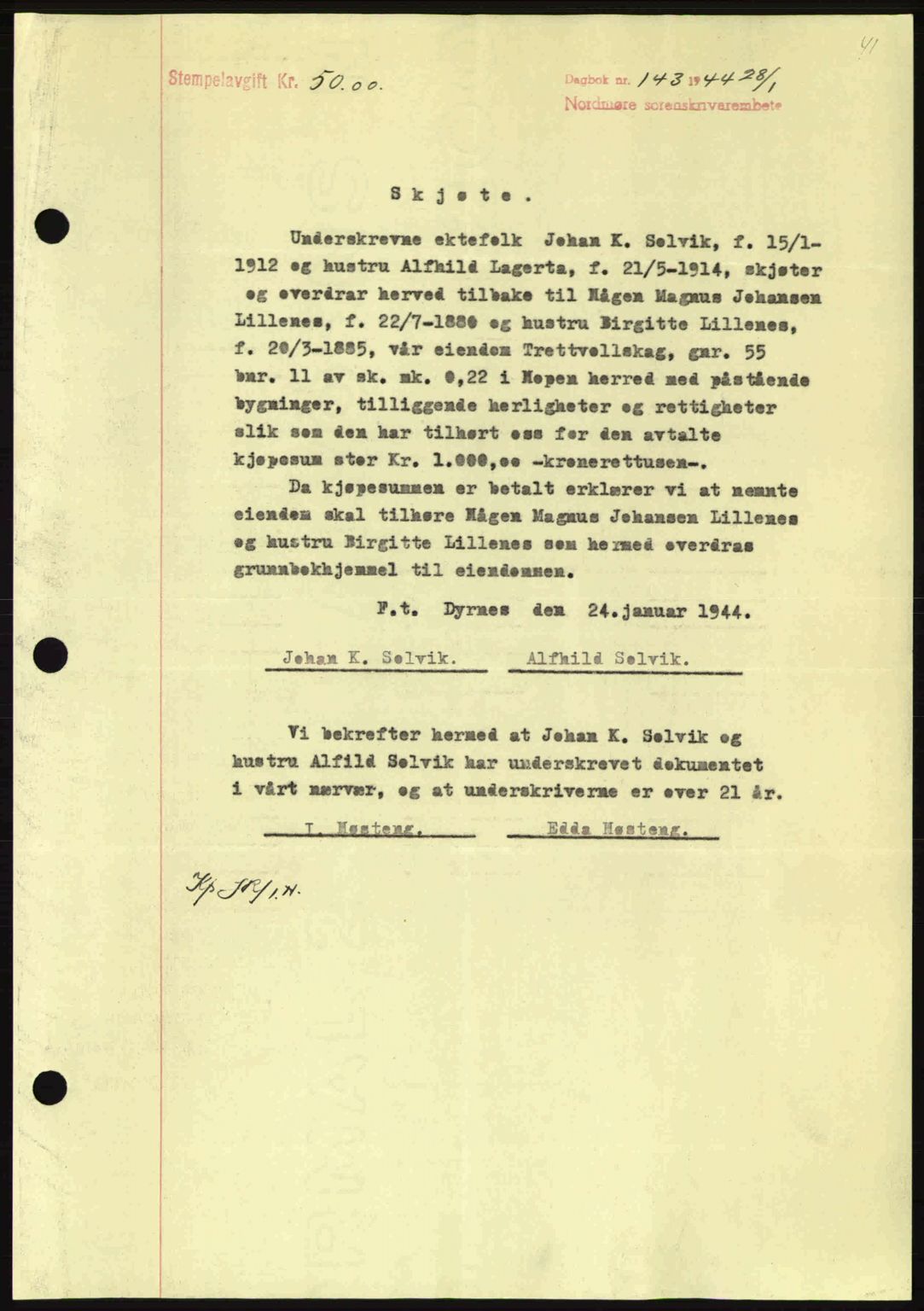 Nordmøre sorenskriveri, AV/SAT-A-4132/1/2/2Ca: Mortgage book no. A97, 1944-1944, Diary no: : 143/1944