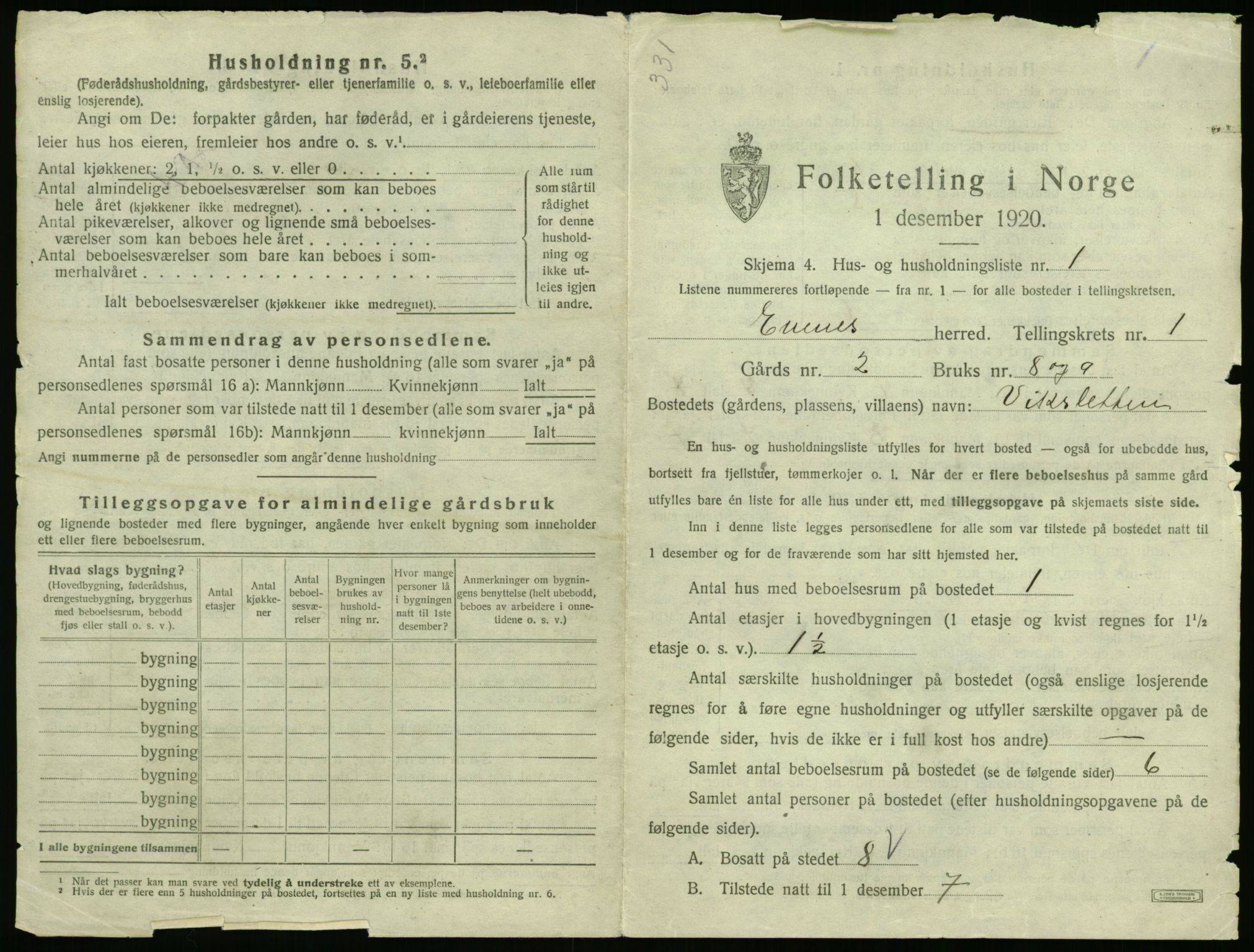 SAT, 1920 census for Evenes, 1920, p. 62