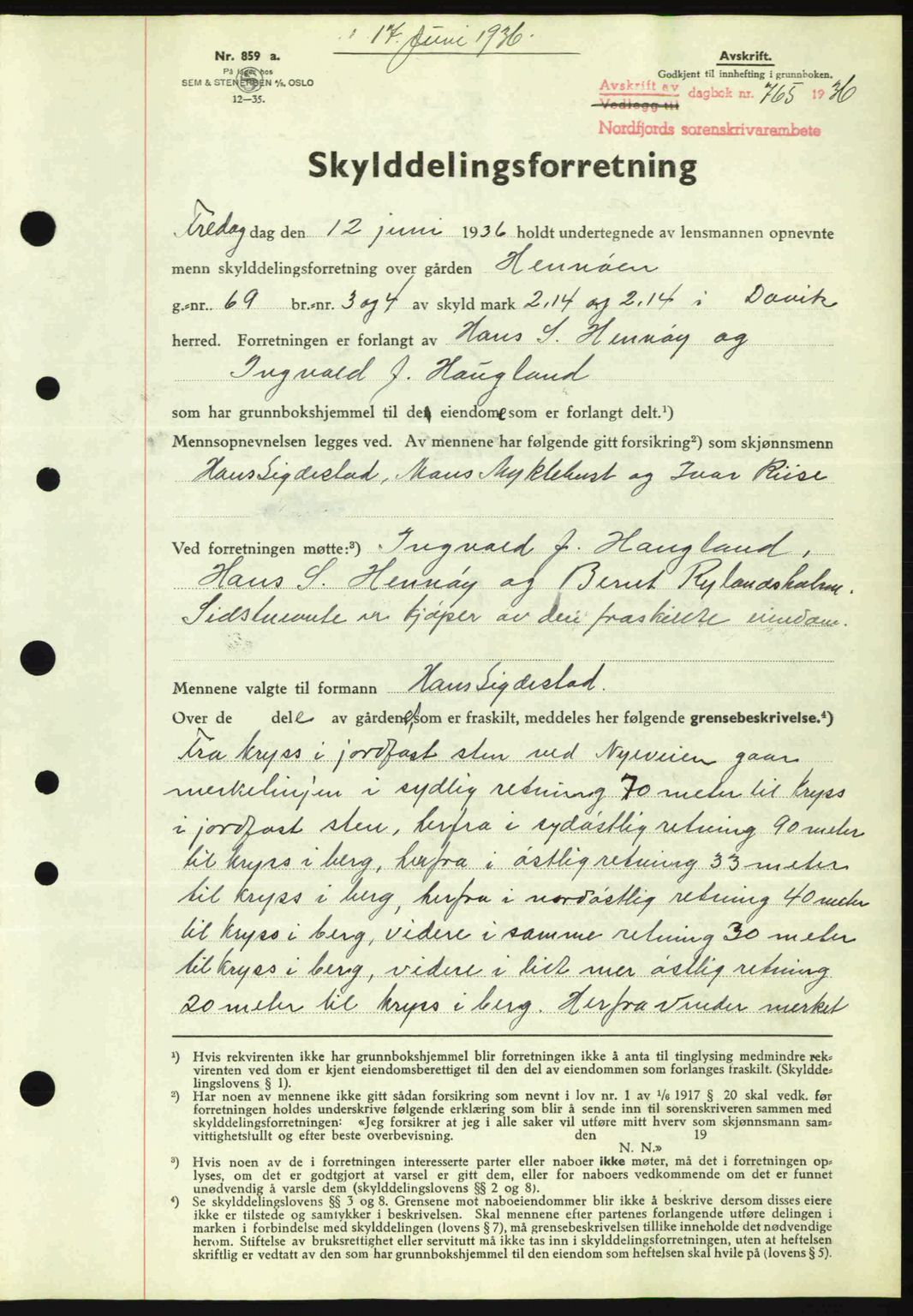 Nordfjord sorenskriveri, AV/SAB-A-2801/02/02b/02bj/L0001: Mortgage book no. A1, 1936-1937, Diary no: : 765/1936