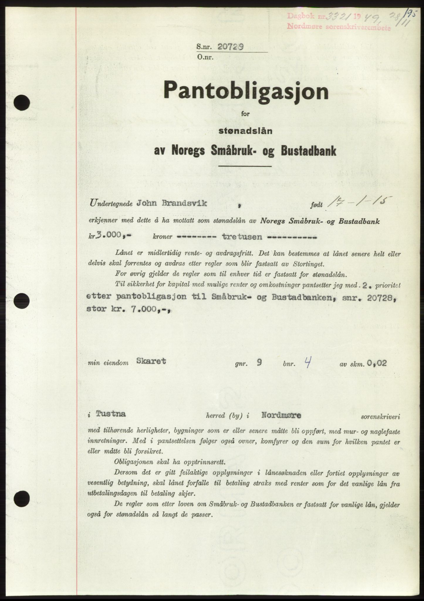 Nordmøre sorenskriveri, AV/SAT-A-4132/1/2/2Ca: Mortgage book no. B103, 1949-1950, Diary no: : 3321/1949