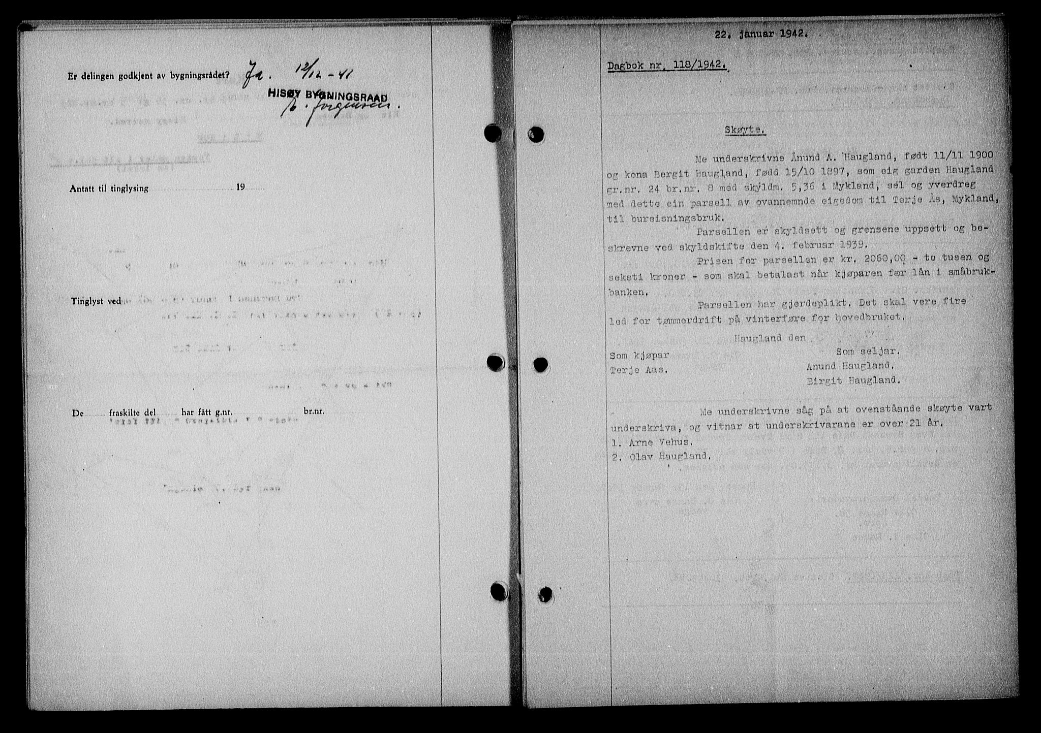 Nedenes sorenskriveri, AV/SAK-1221-0006/G/Gb/Gba/L0049: Mortgage book no. A-III, 1941-1942, Diary no: : 118/1942