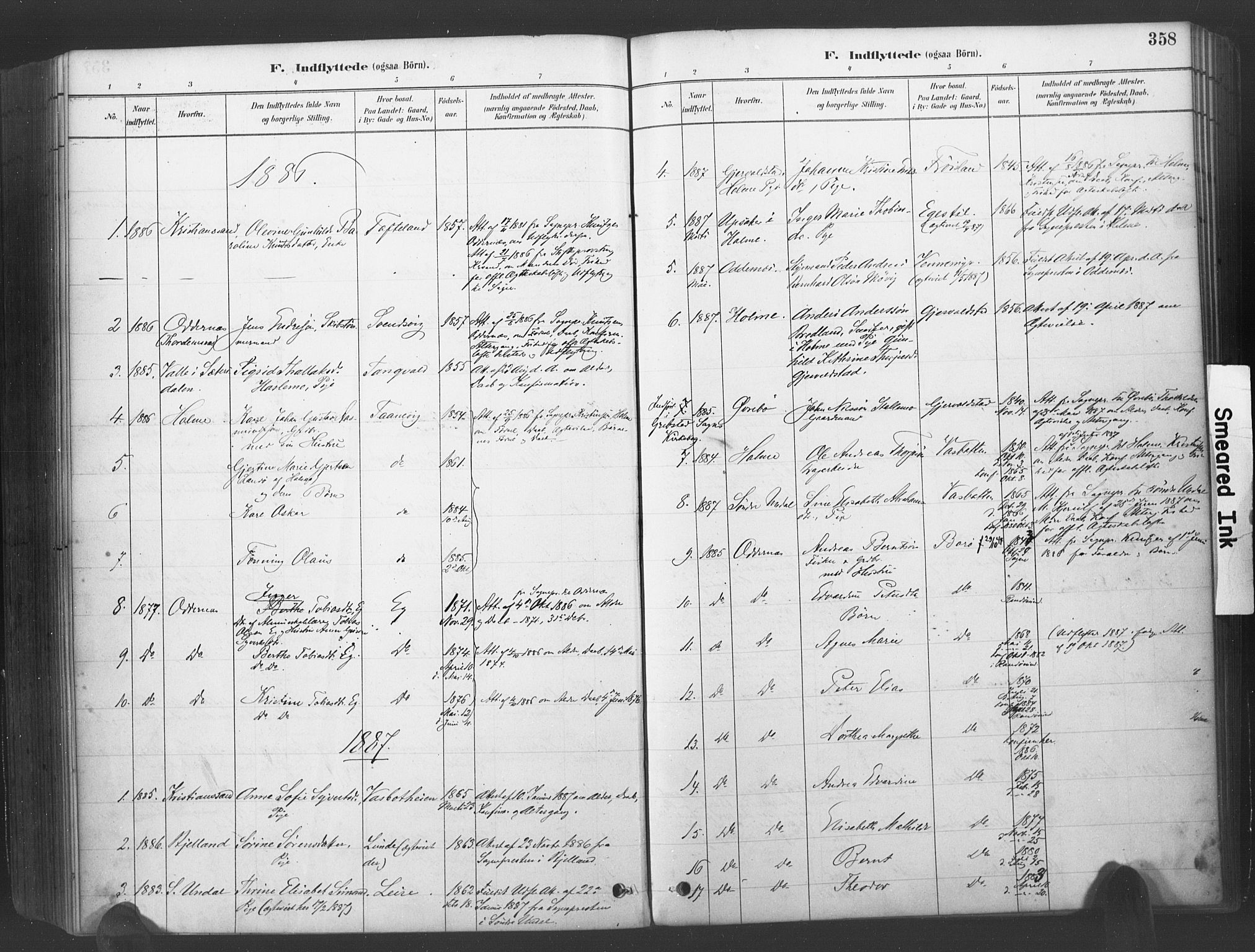 Søgne sokneprestkontor, SAK/1111-0037/F/Fa/Fab/L0012: Parish register (official) no. A 12, 1880-1891, p. 358
