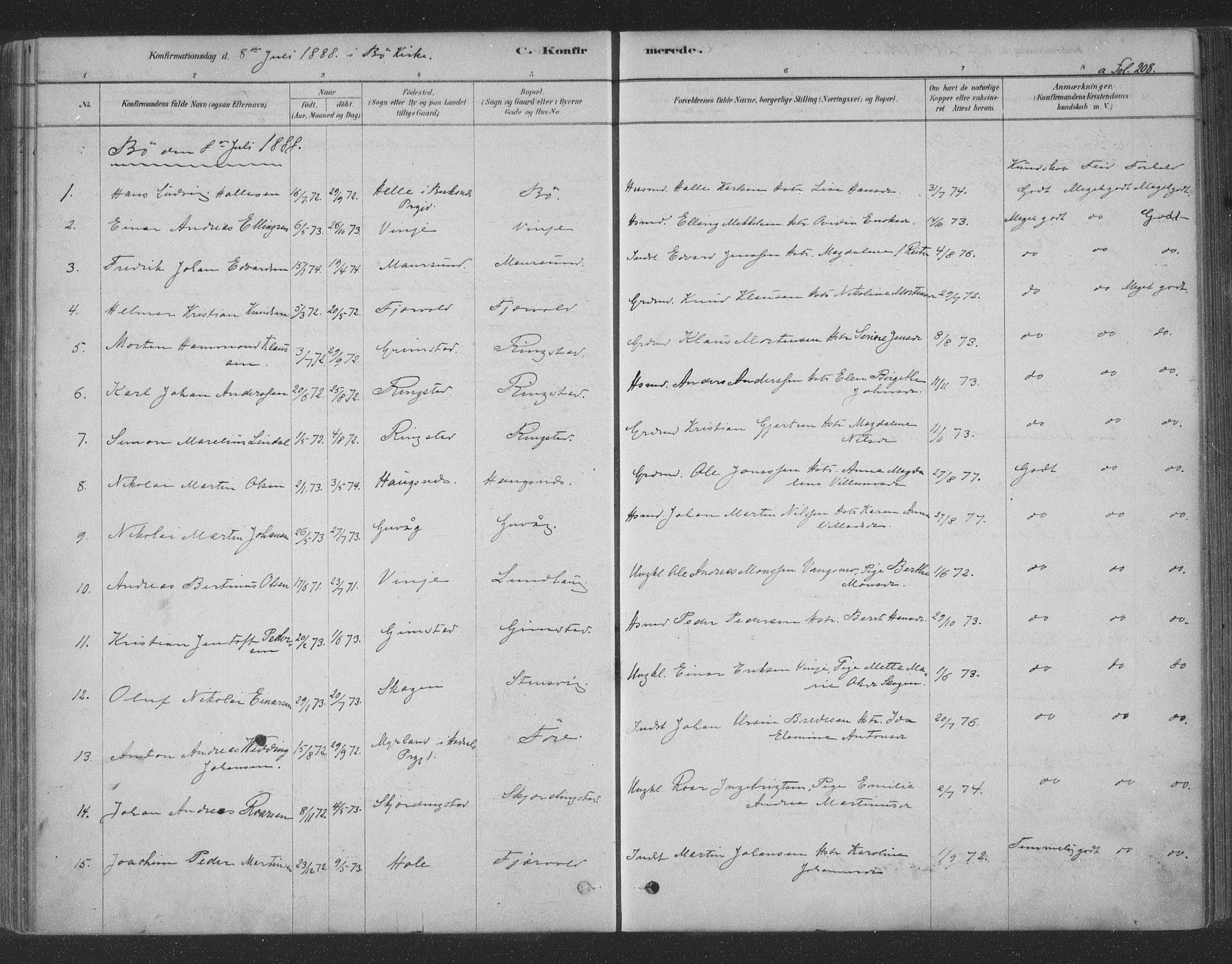 Ministerialprotokoller, klokkerbøker og fødselsregistre - Nordland, AV/SAT-A-1459/891/L1302: Parish register (official) no. 891A07, 1878-1895, p. 208