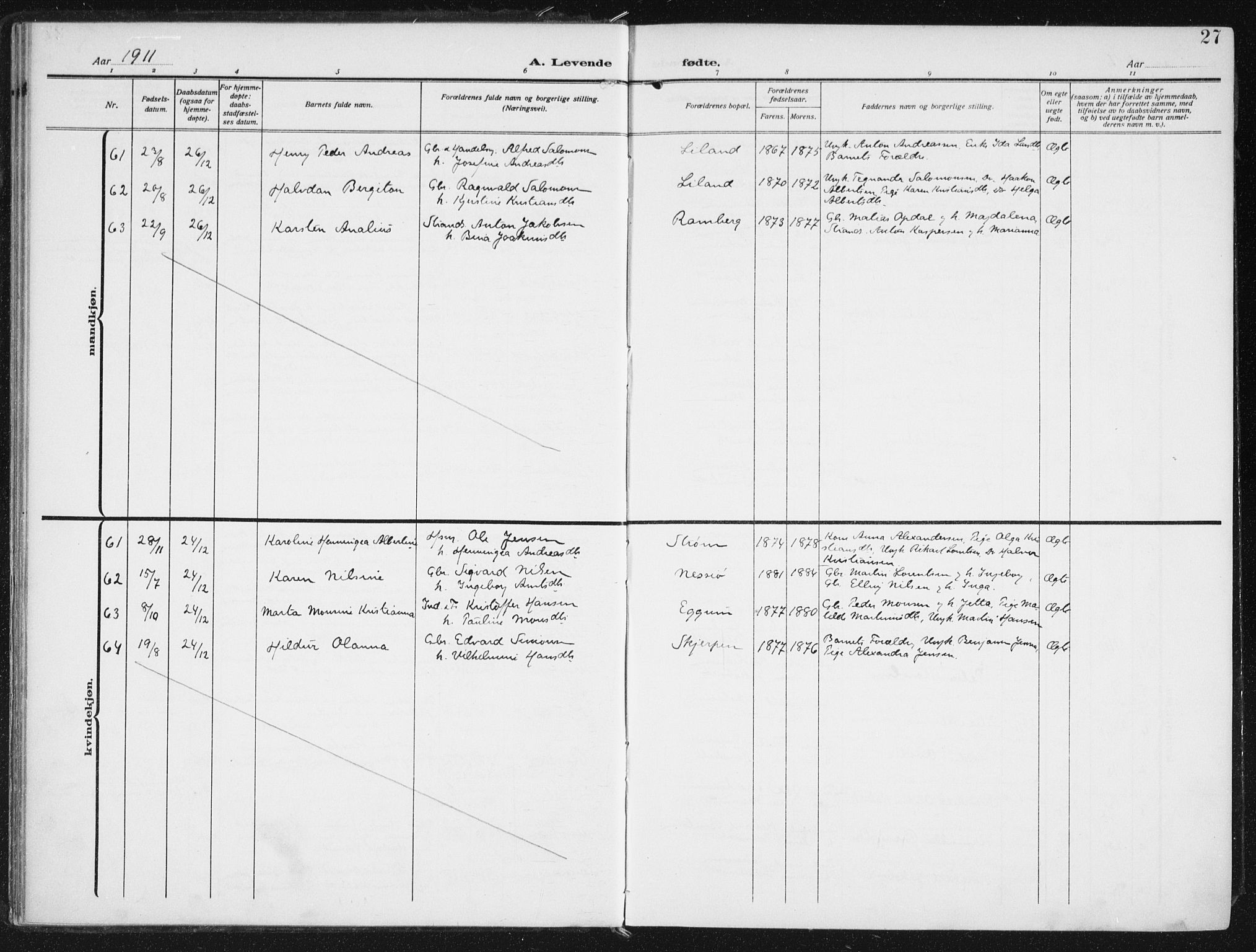 Ministerialprotokoller, klokkerbøker og fødselsregistre - Nordland, AV/SAT-A-1459/880/L1135: Parish register (official) no. 880A09, 1908-1919, p. 27