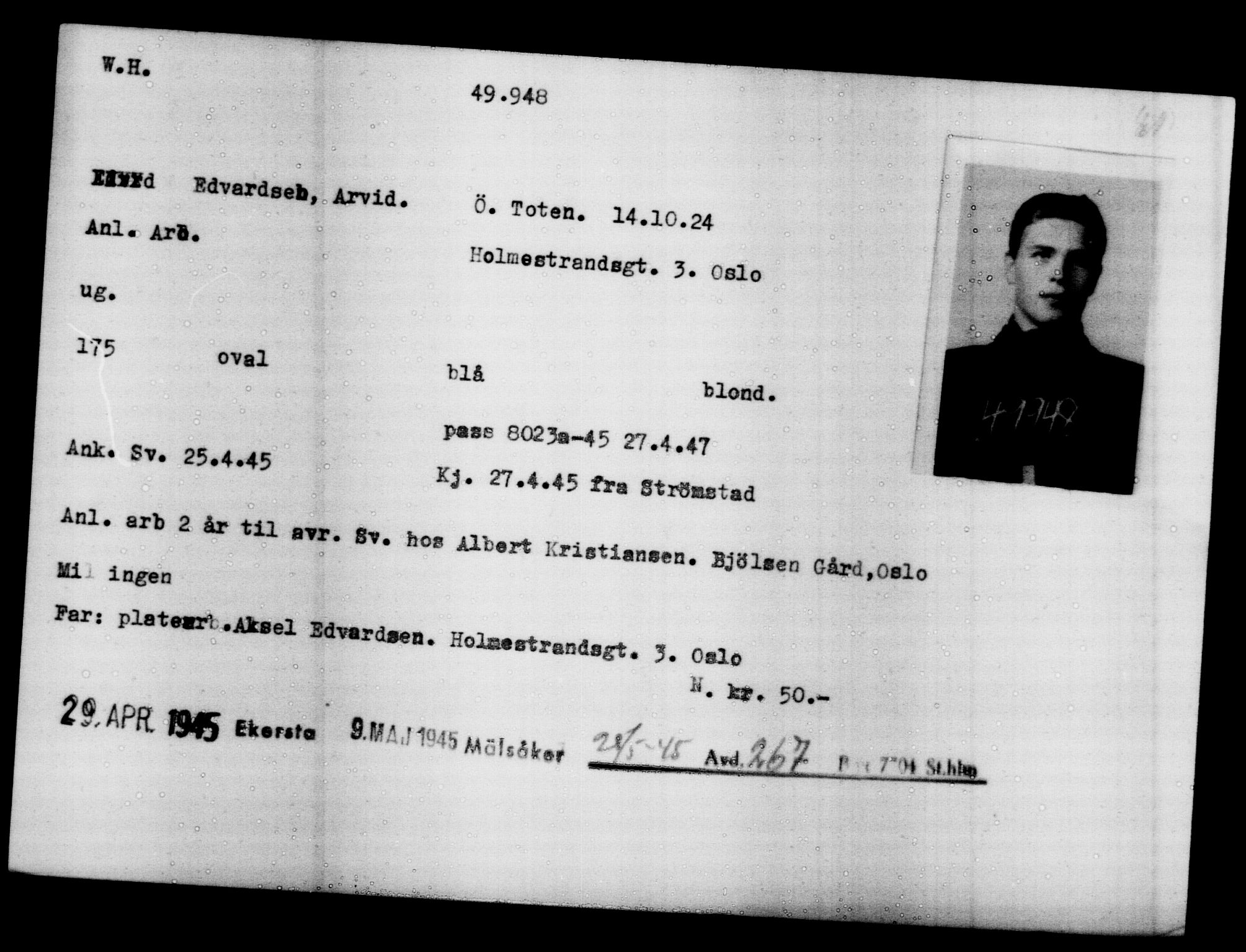 Utenriksstasjonene, Legasjonen i Stockholm, Flyktningkontoret, AV/RA-S-6753/V/Va/L0019: Kjesäterkartoteket, flyktninger med registreringsnr. 49600-55060, 1940-1945, p. 371
