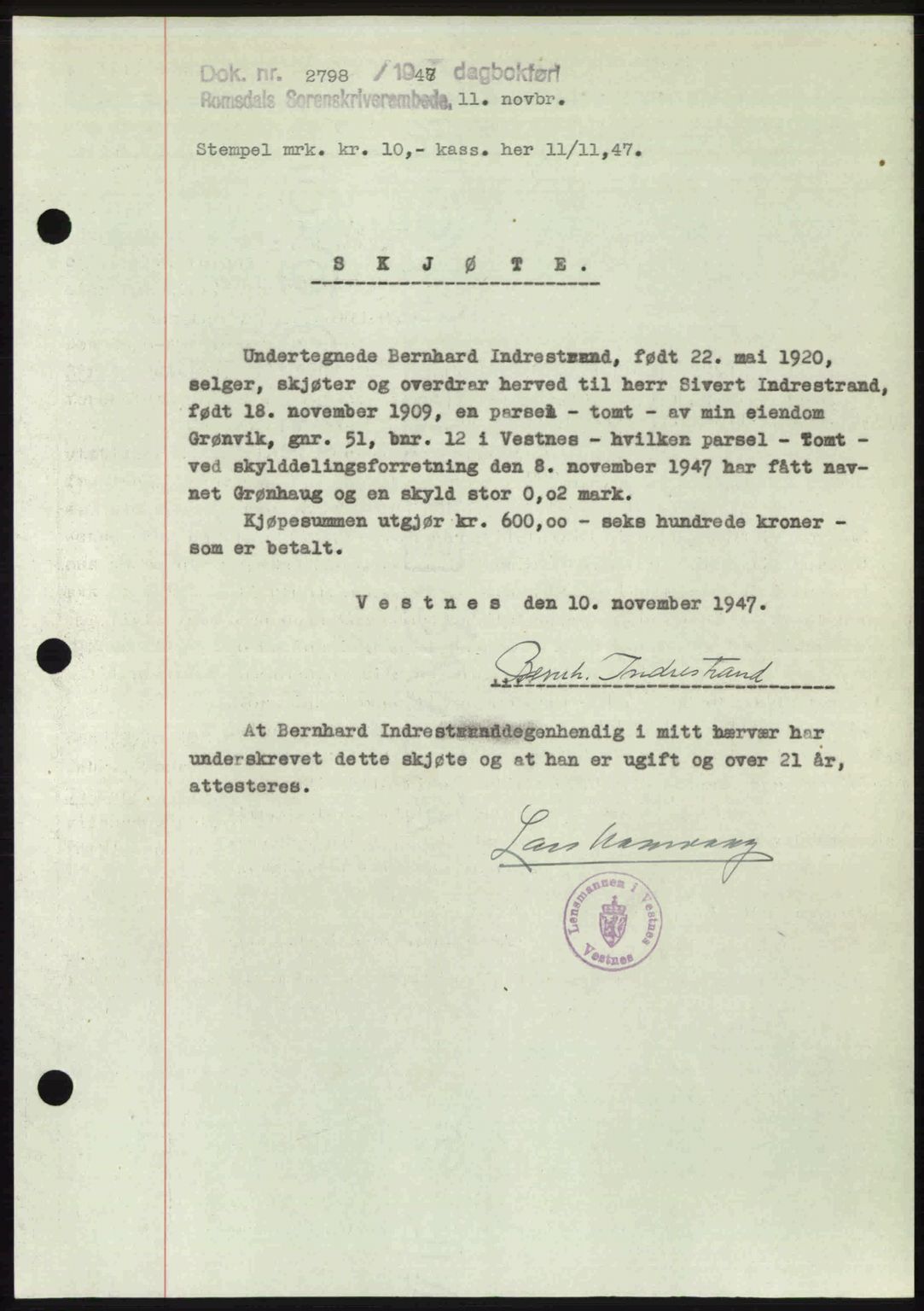 Romsdal sorenskriveri, SAT/A-4149/1/2/2C: Mortgage book no. A24, 1947-1947, Diary no: : 2798/1947