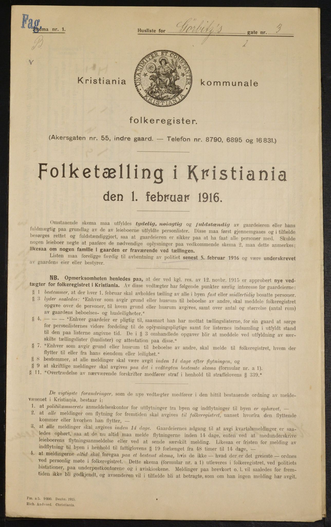 OBA, Municipal Census 1916 for Kristiania, 1916, p. 33231