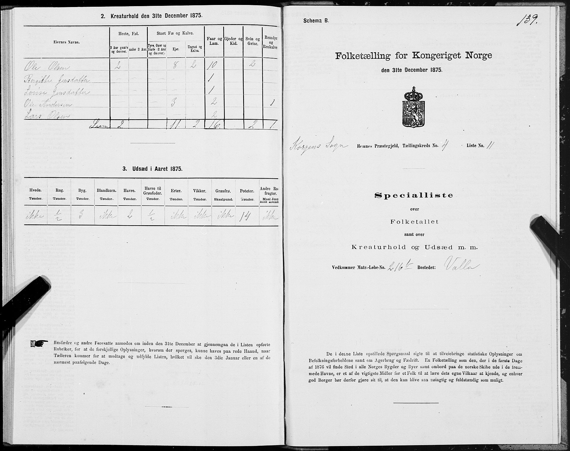 SAT, 1875 census for 1832P Hemnes, 1875, p. 3139