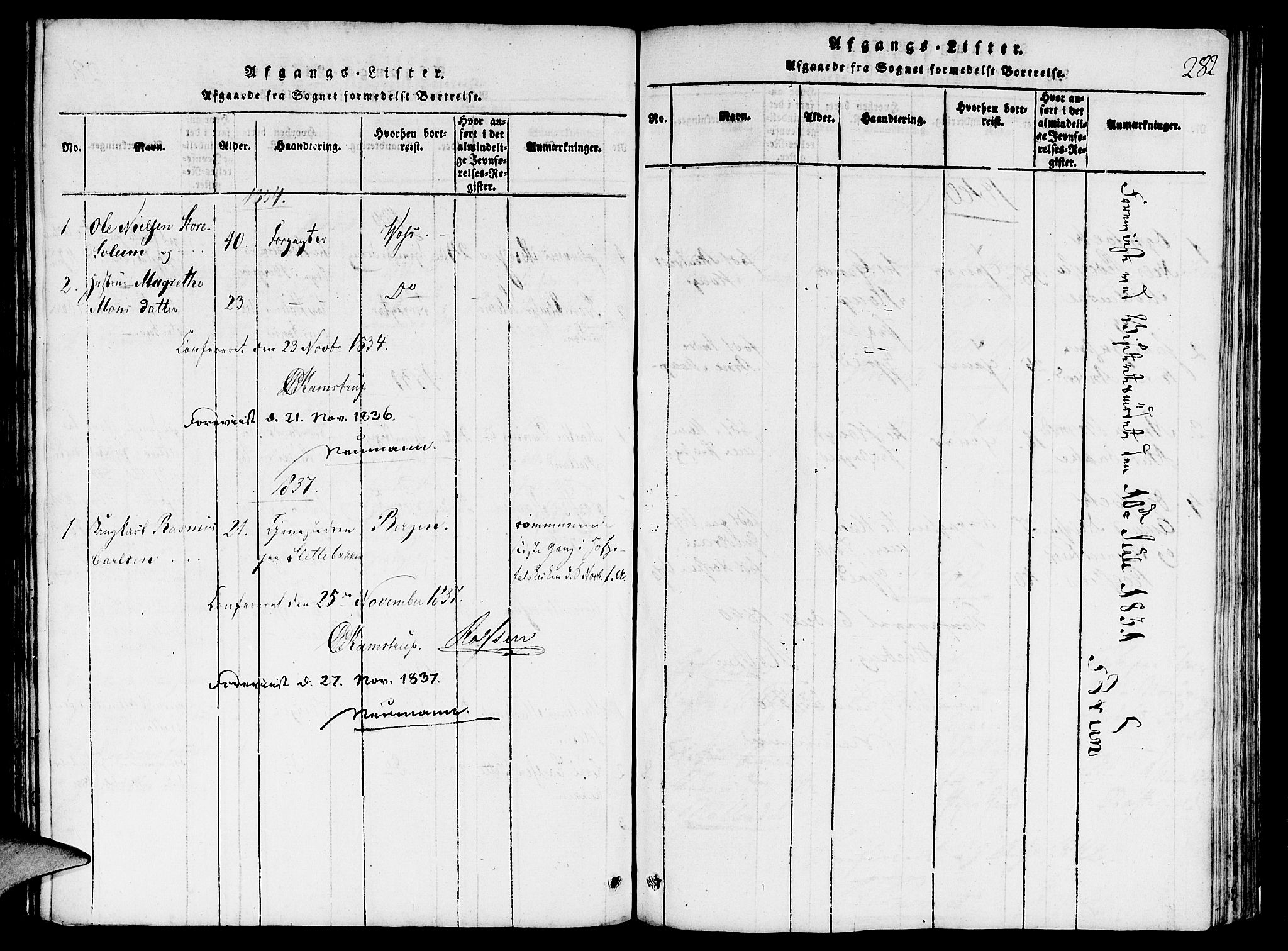 St. Jørgens hospital og Årstad sokneprestembete, SAB/A-99934: Parish register (official) no. A 3, 1815-1843, p. 282