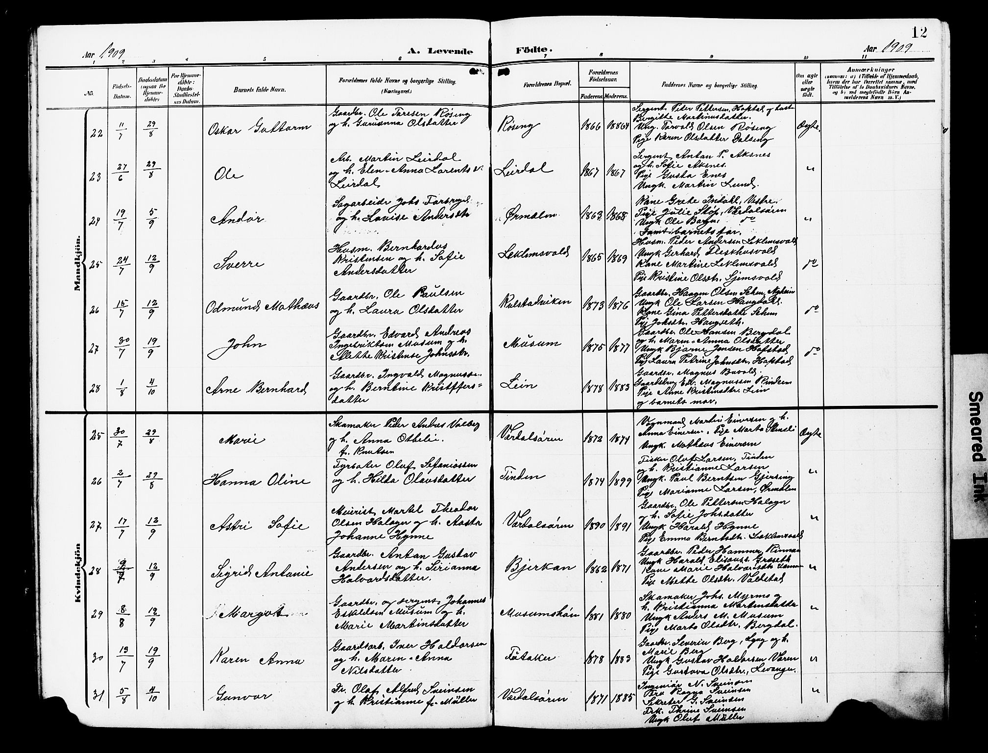 Ministerialprotokoller, klokkerbøker og fødselsregistre - Nord-Trøndelag, SAT/A-1458/723/L0258: Parish register (copy) no. 723C06, 1908-1927, p. 12