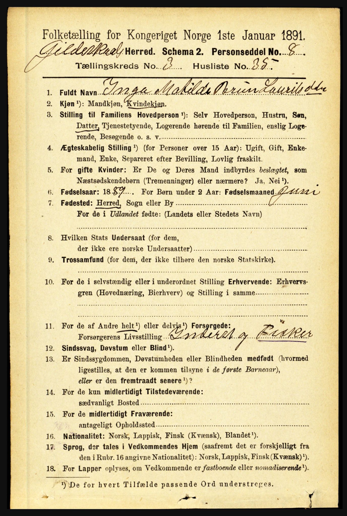 RA, 1891 census for 1838 Gildeskål, 1891, p. 996