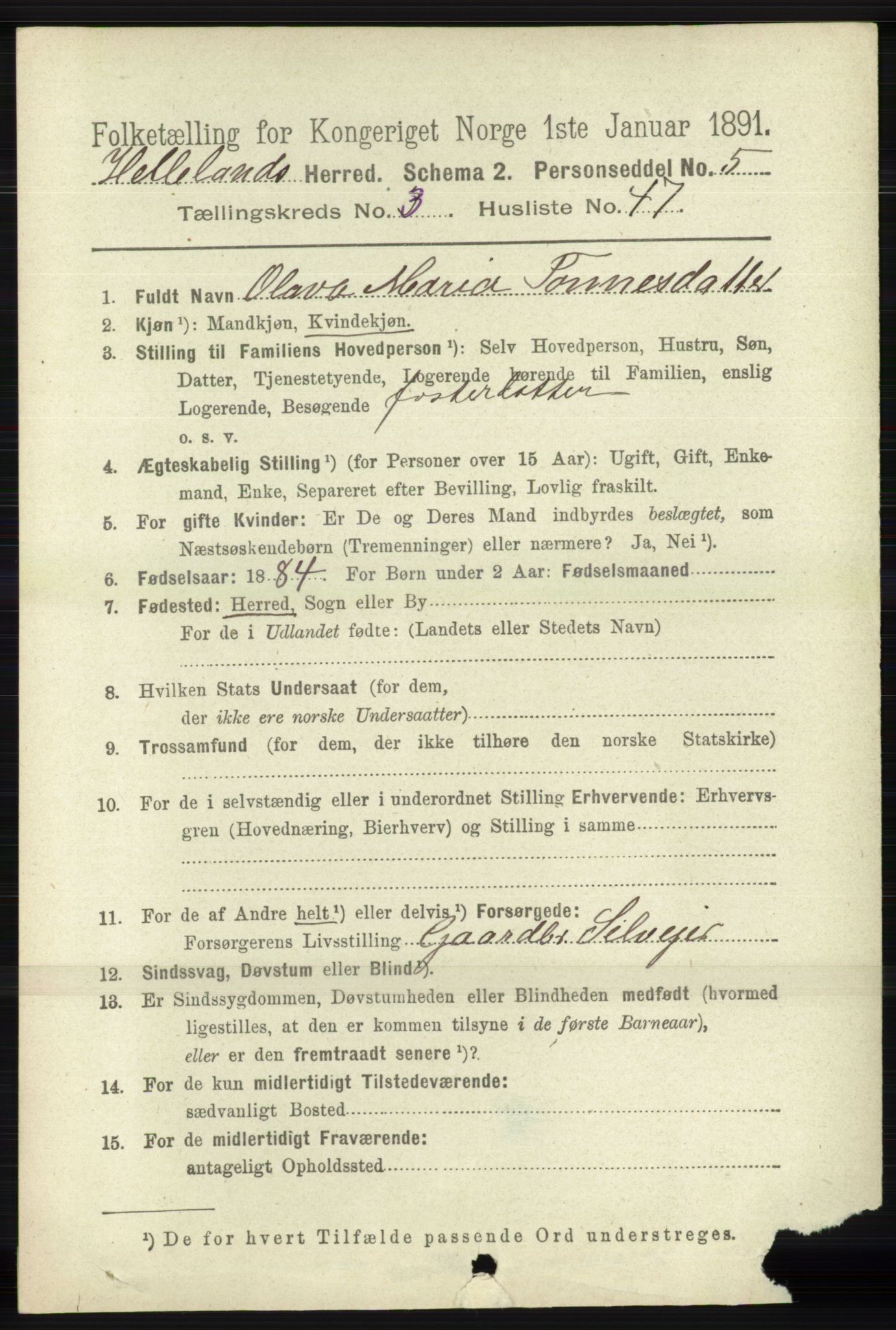 RA, 1891 census for 1115 Helleland, 1891, p. 1109