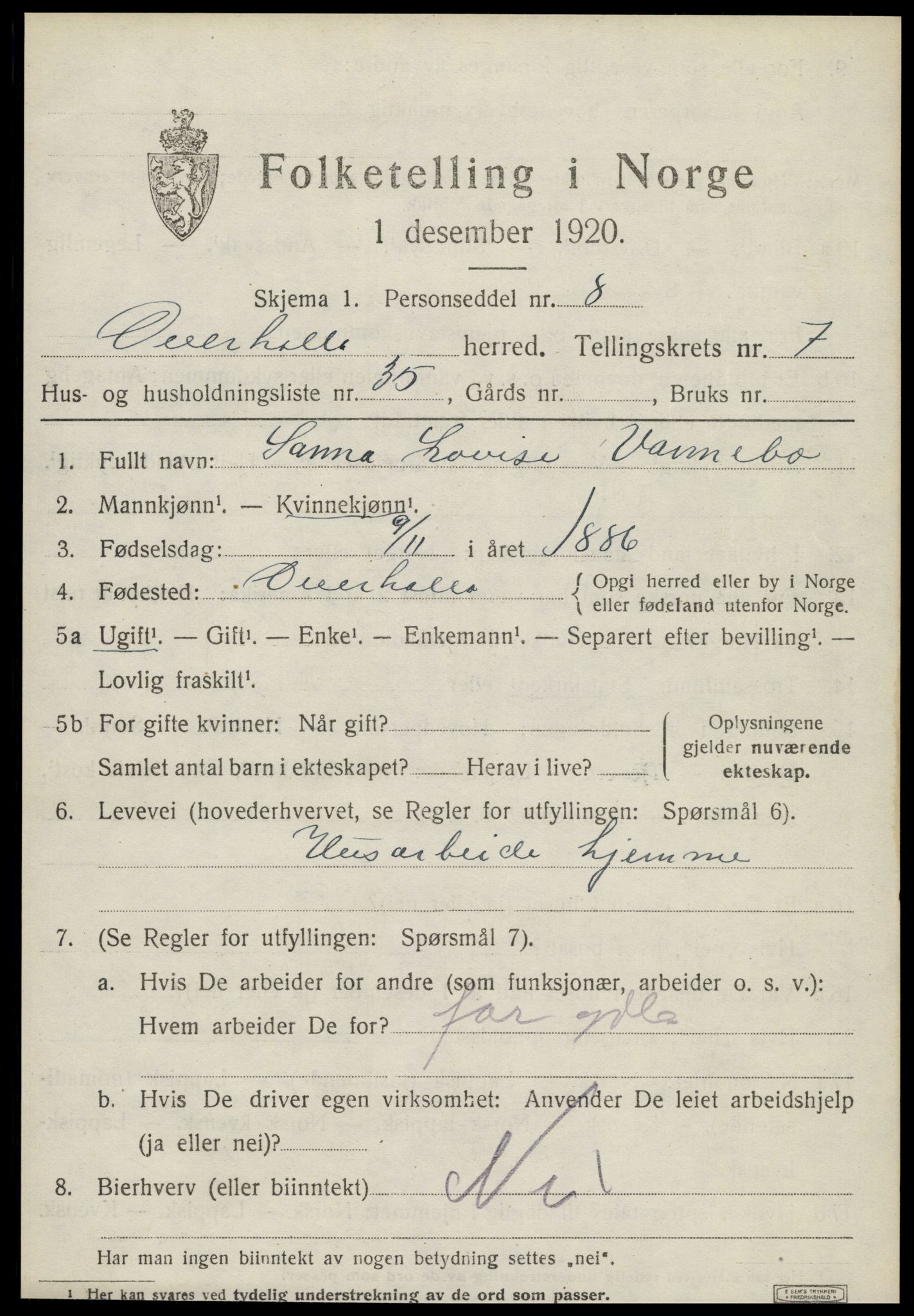 SAT, 1920 census for Overhalla, 1920, p. 5380