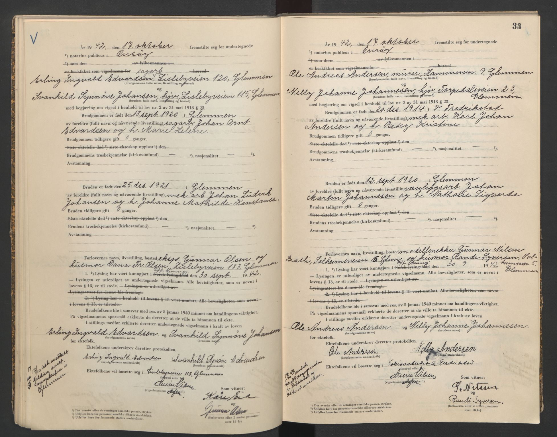 Onsøy sorenskriveri, AV/SAO-A-10474/L/La/L0002: Vigselsbok, 1942-1943, p. 33