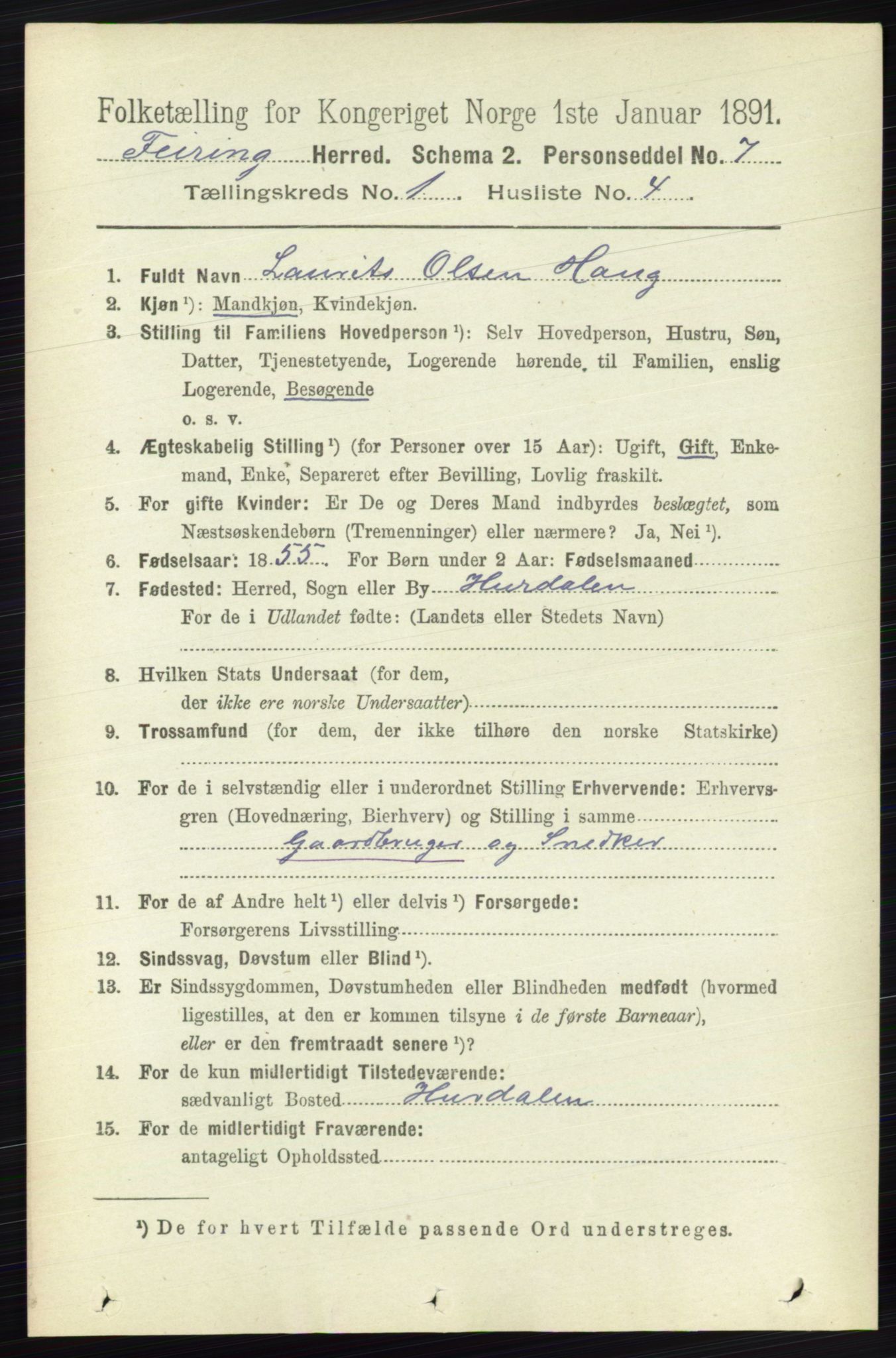 RA, 1891 census for 0240 Feiring, 1891, p. 130