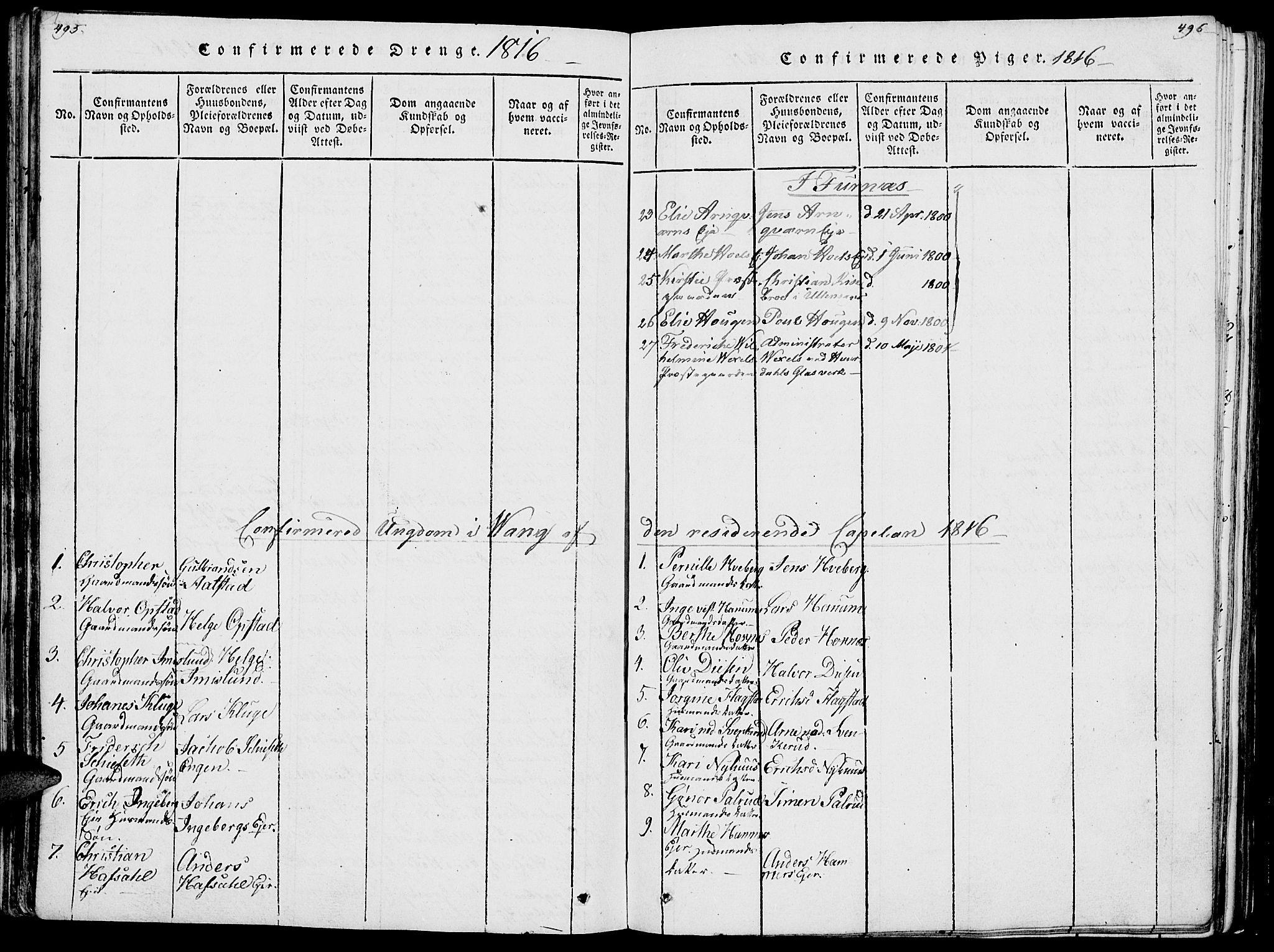 Vang prestekontor, Hedmark, SAH/PREST-008/H/Ha/Haa/L0007: Parish register (official) no. 7, 1813-1826, p. 495-496