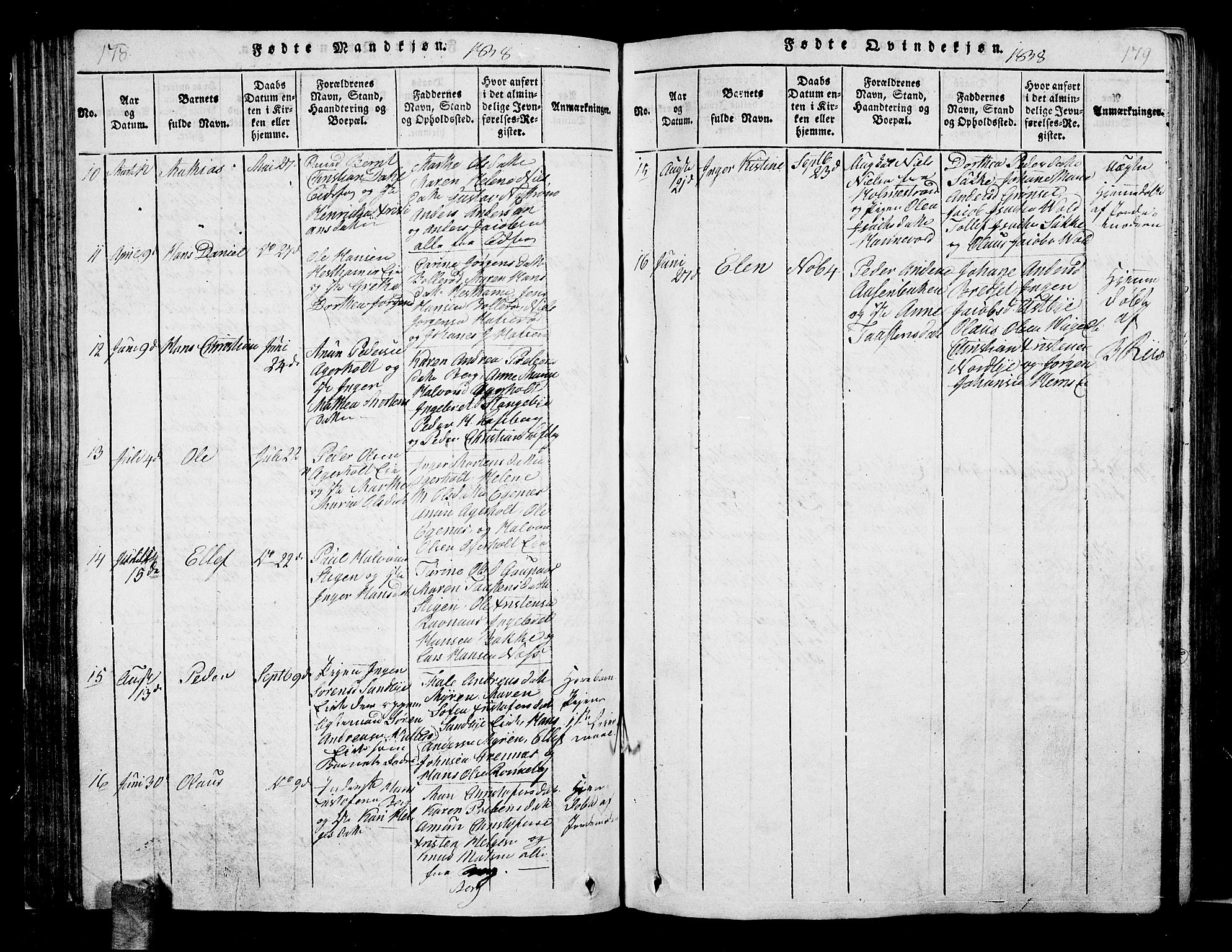 Hof kirkebøker, AV/SAKO-A-64/G/Ga/L0001: Parish register (copy) no. I 1, 1814-1844, p. 178-179