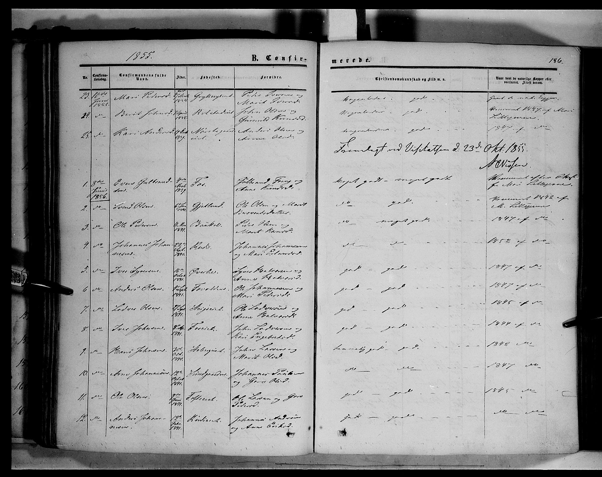 Sør-Fron prestekontor, SAH/PREST-010/H/Ha/Haa/L0001: Parish register (official) no. 1, 1849-1863, p. 186