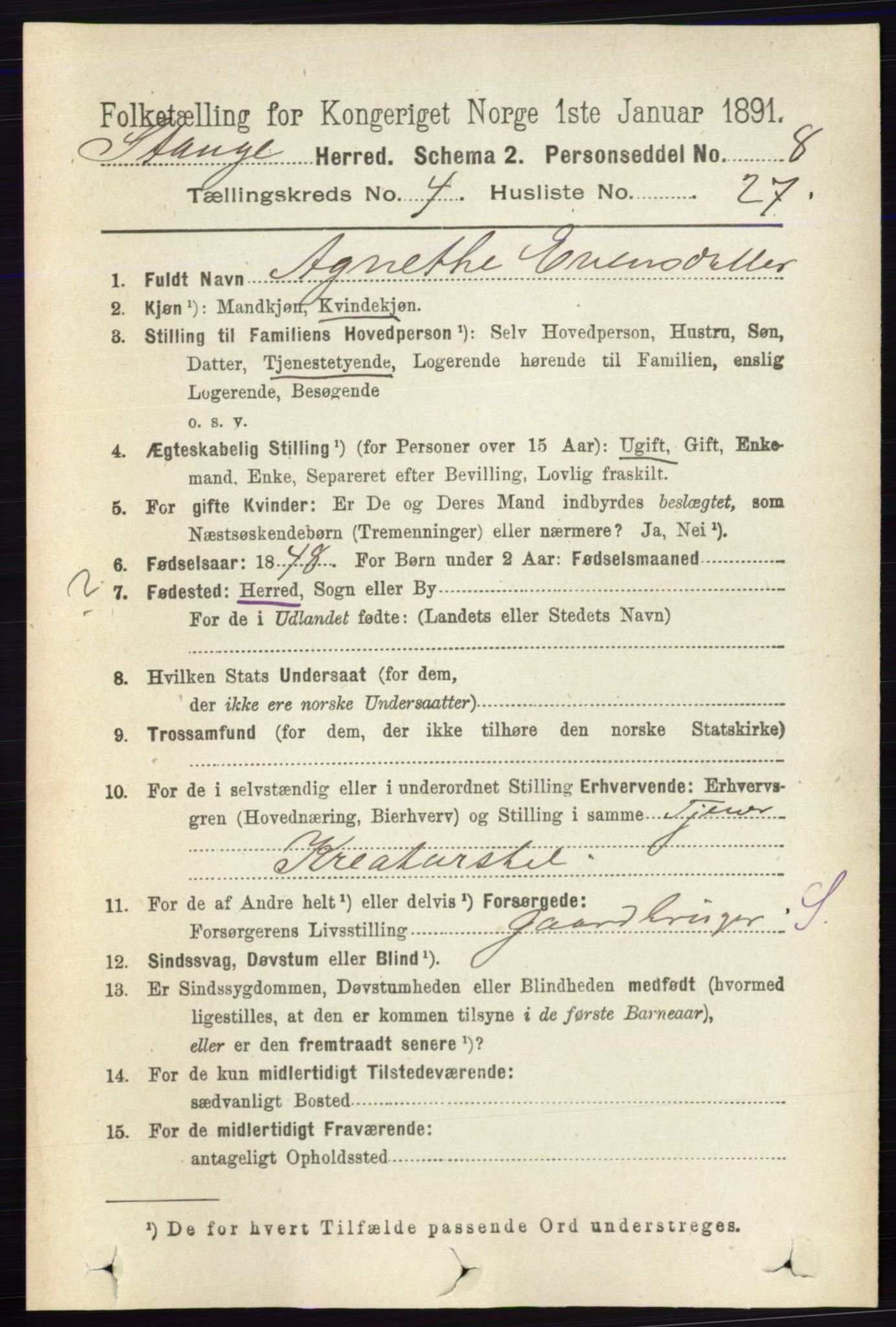 RA, 1891 census for 0417 Stange, 1891, p. 2544